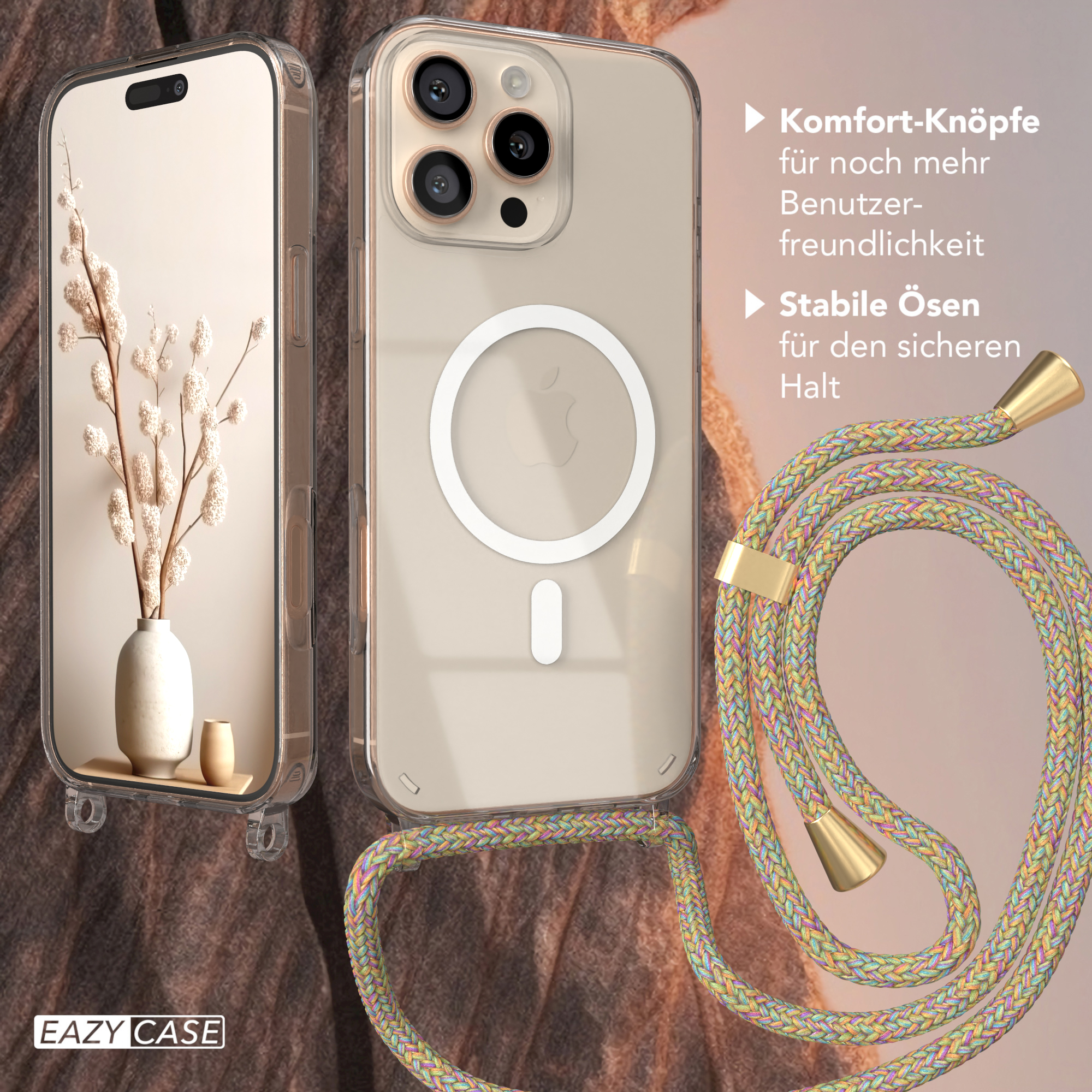 Handyhülle mit Blumendesign und Telefon mit Lanyard.