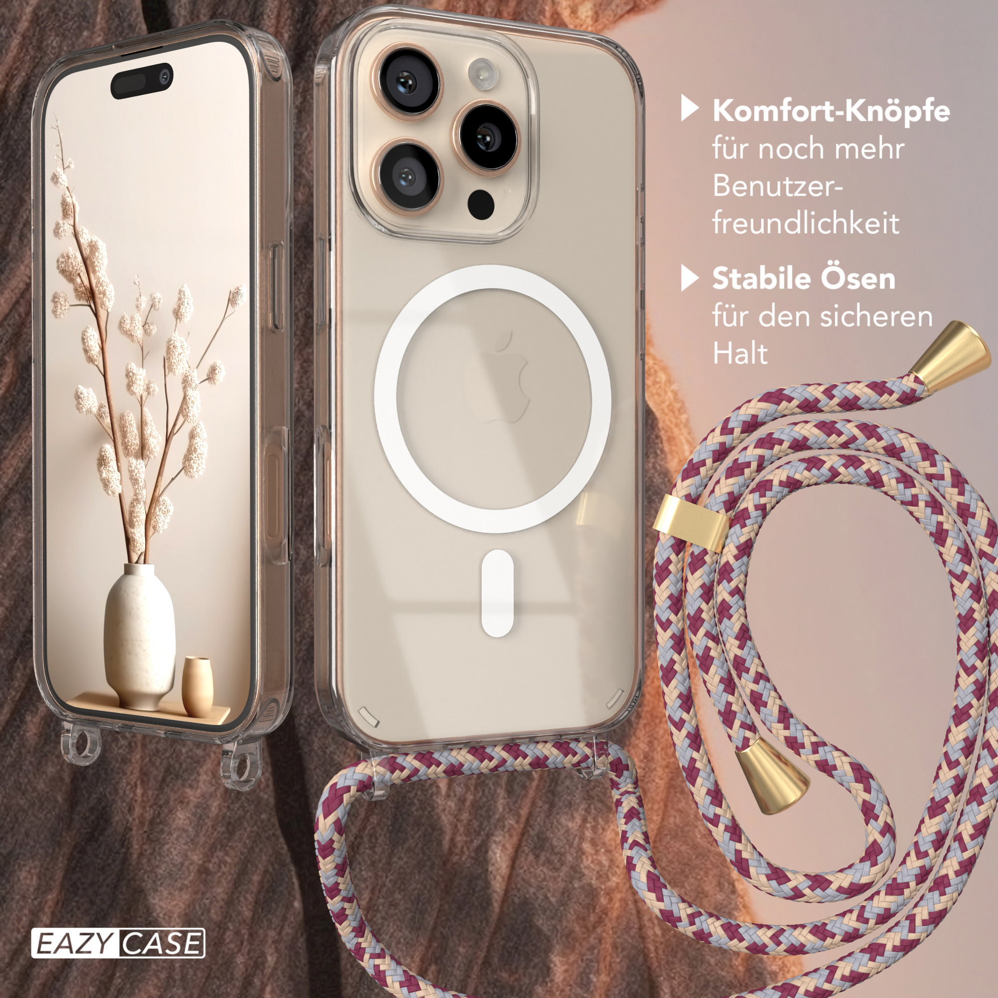 Transparente Handyhülle mit Kordel. Vase in der Hülle. Text ist Schutz. Eazy Case Logo.