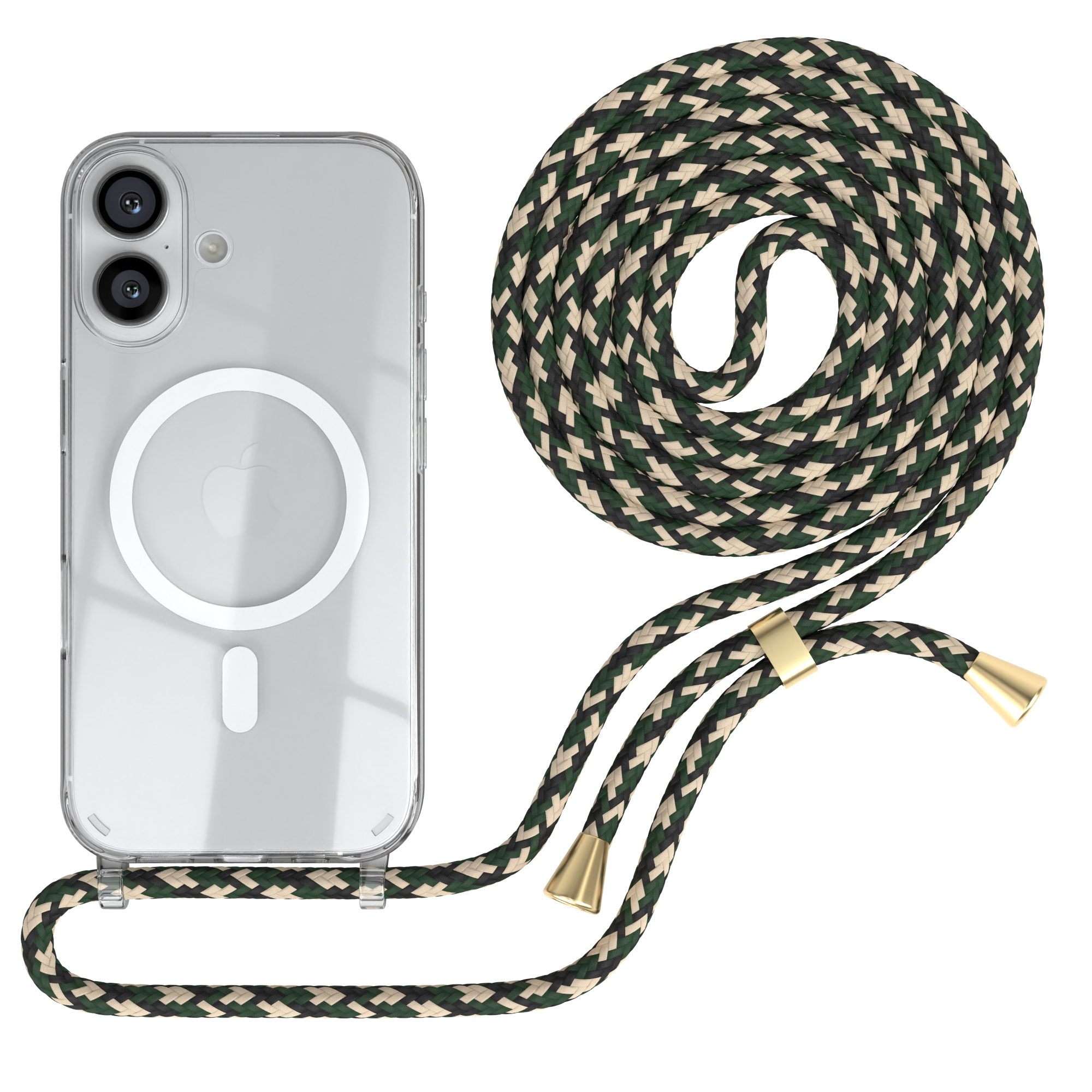 Transparente Handyhülle mit grünem, schwarzen und beigen Kordel. Kordel ist auf der rechten Seite aufgerollt. Telefon hat zwei Kameras.