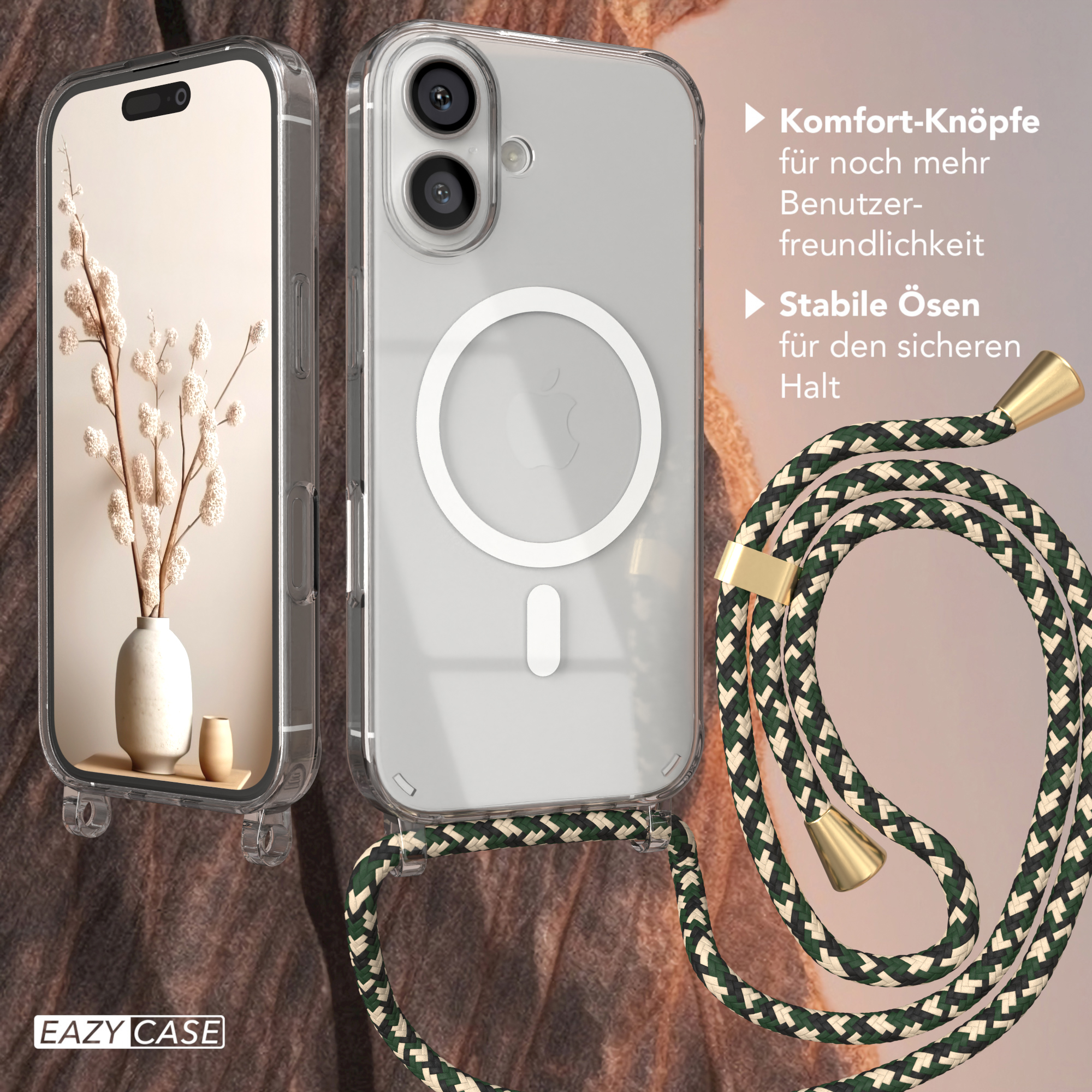 Transparente Handyhülle mit Telefon und Umhängeband. Die Hülle hat einen MagSafe-Ring.