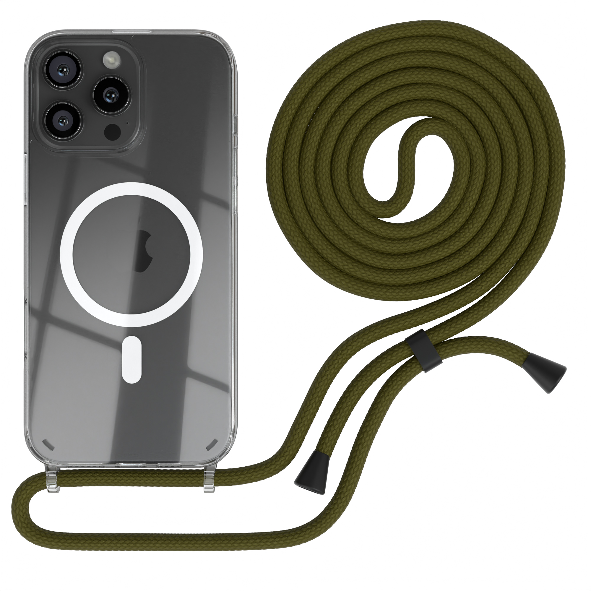 Transparente Handyhülle mit olivgrüner Kordel. Das Telefon hat einen weißen Kreis.