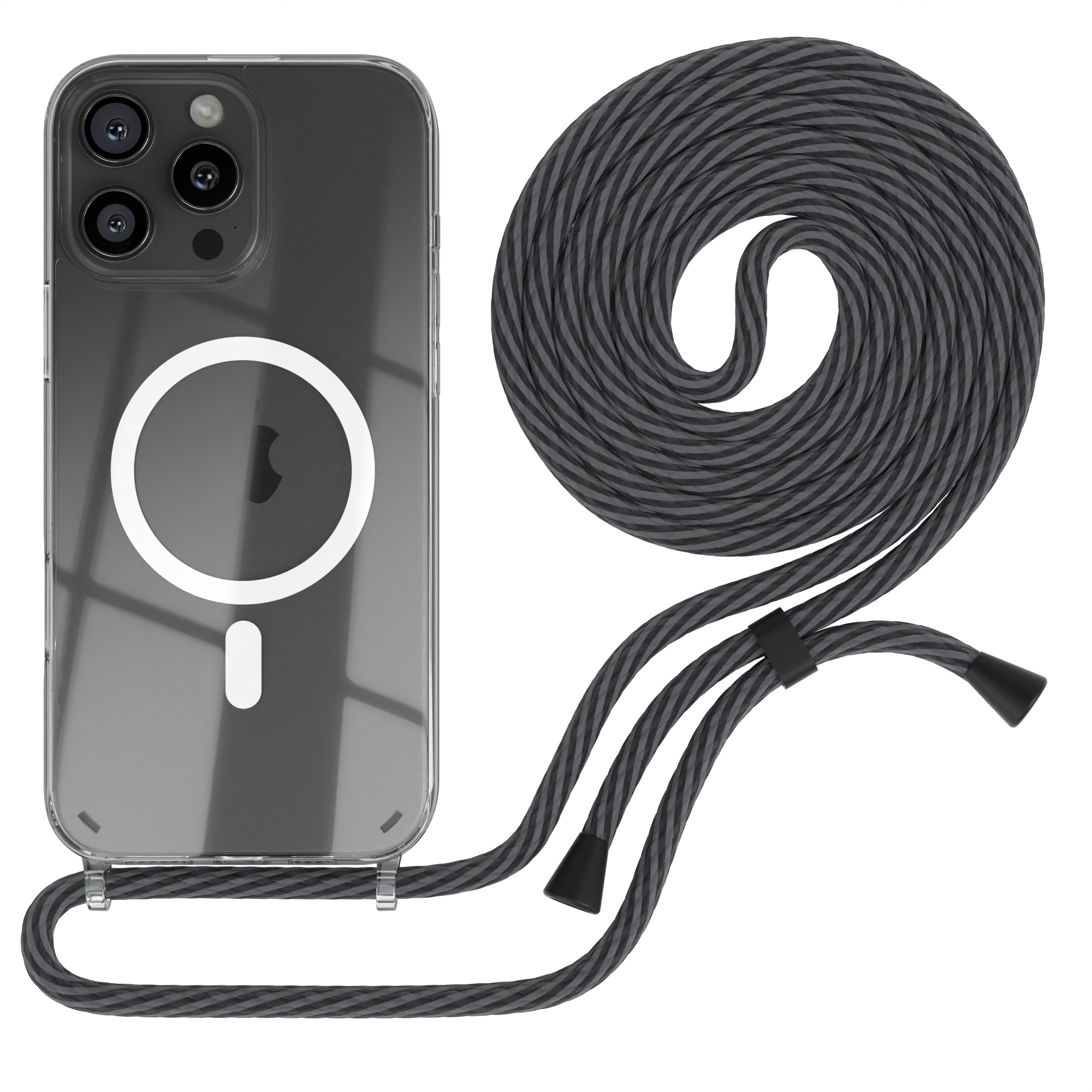 Klare Handyhülle mit grauem Lanyard. Die Hülle hat einen MagSafe-Ring. Das Lanyard ist grau und schwarz.
