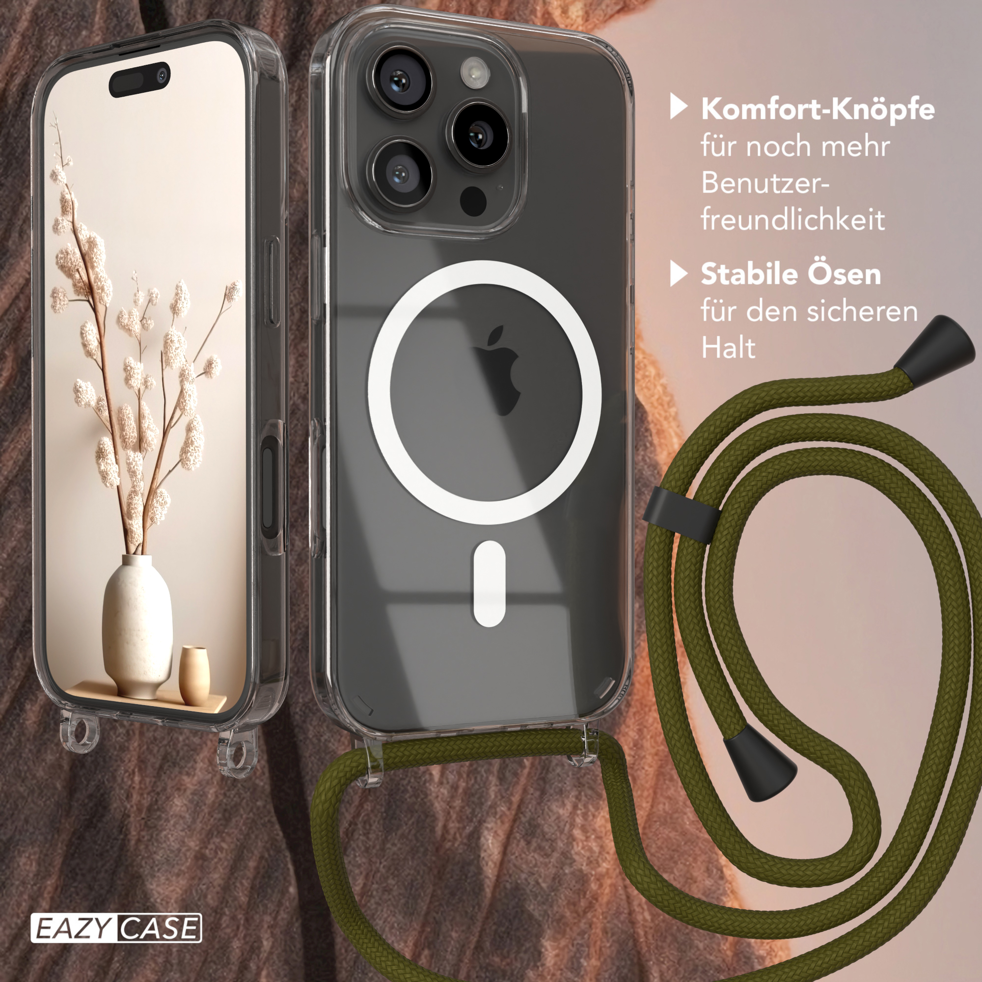 Ein Telefon in einer transparenten Hülle mit einem grünen Lanyard. Eine weiße Vase mit Blumen ist daneben. Die Hülle hat Knöpfe.