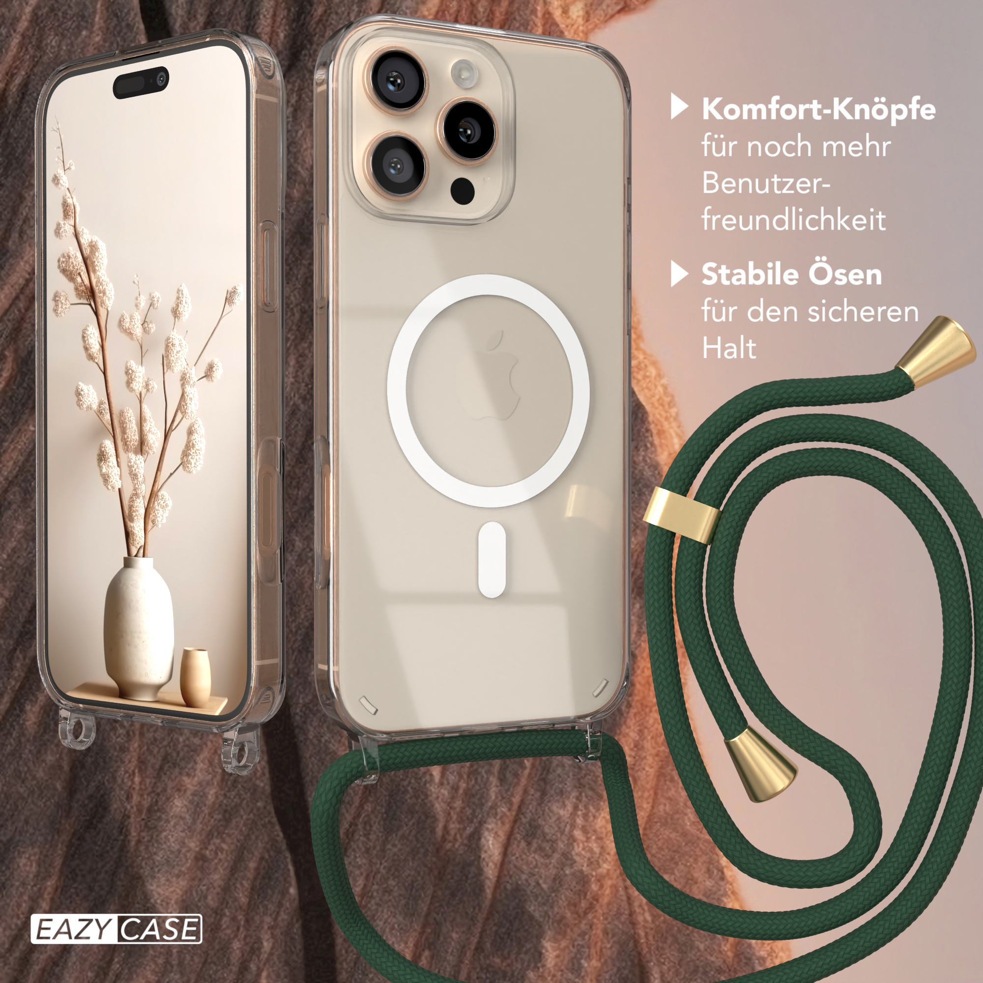 Eine transparente Handyhülle mit grünem Band. Ein Telefon, eine Vase und Text.
