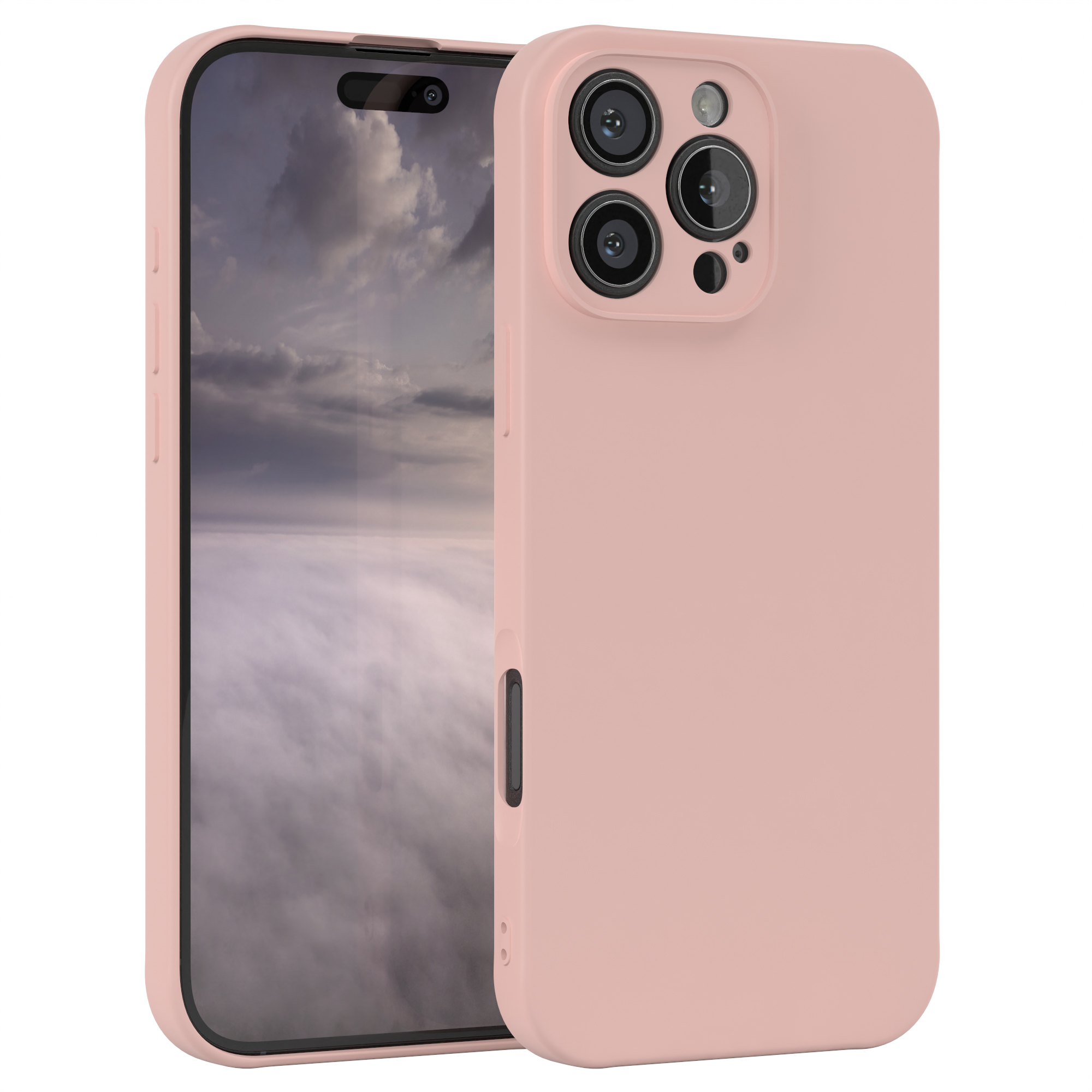 Rosa Handyhülle mit einem Telefon. Das Telefon hat einen Bildschirm, der einen bewölkten Himmel zeigt. Die Hülle hat drei Kameralinsen.
