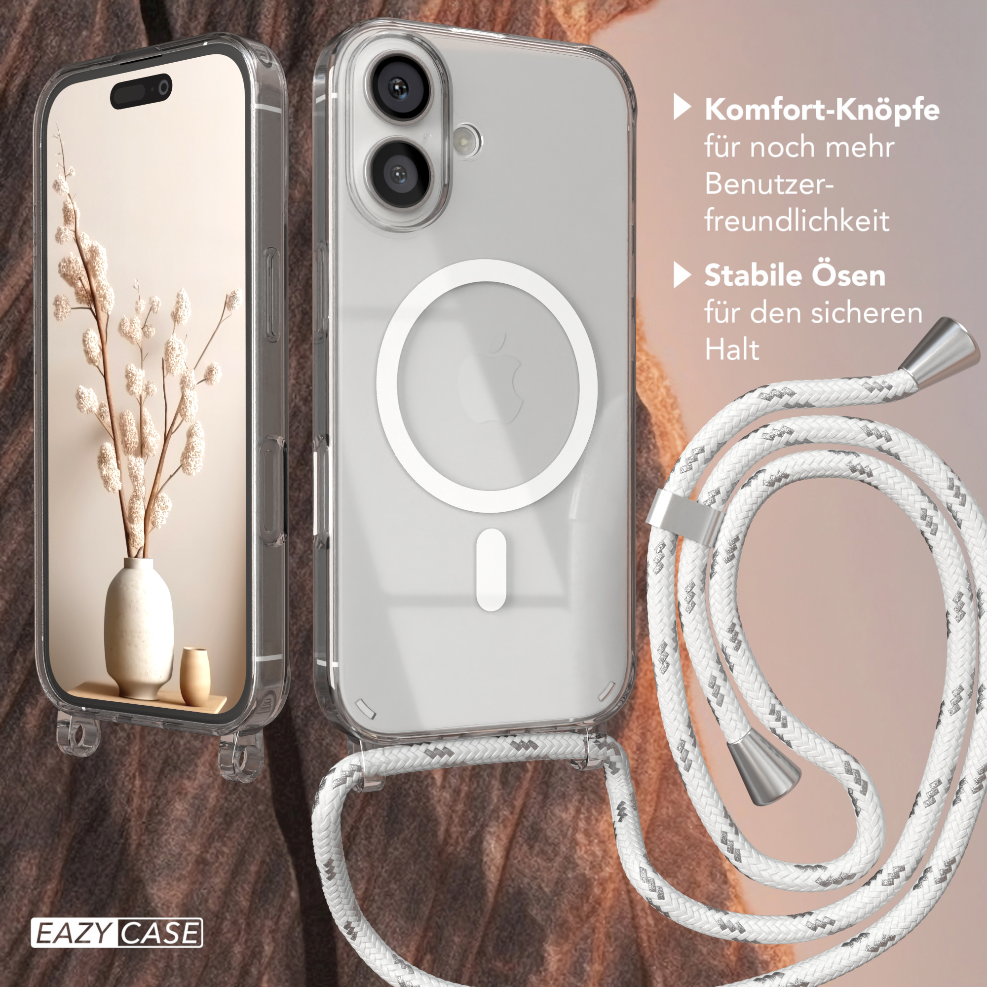 Handyhülle mit Telefon, Lanyard und Vase mit Pflanzen. Klare Hülle mit weißem Lanyard.