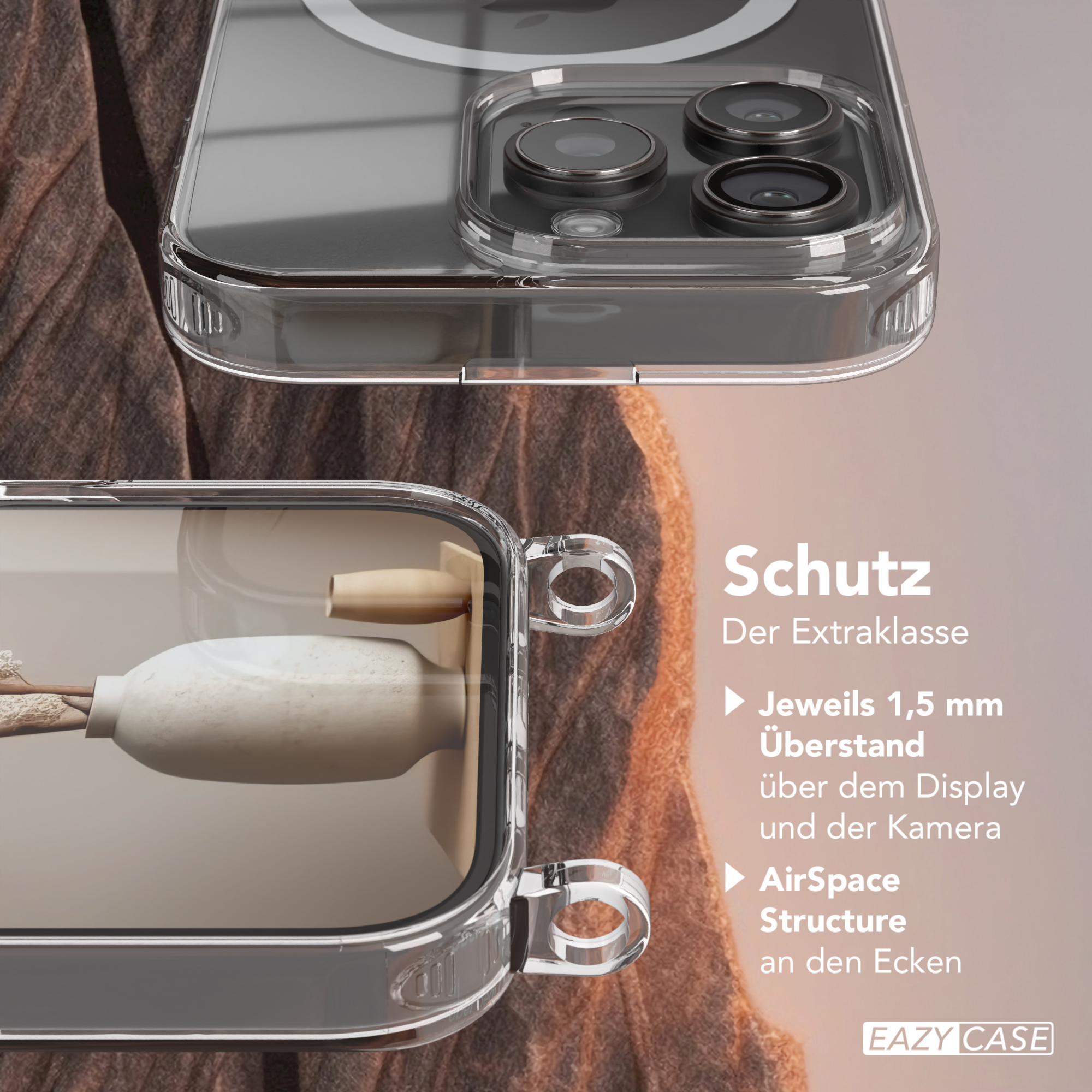 Transparente Handyhülle mit Kameraausschnitten, die eine Vase und den Rand des Telefons zeigt.