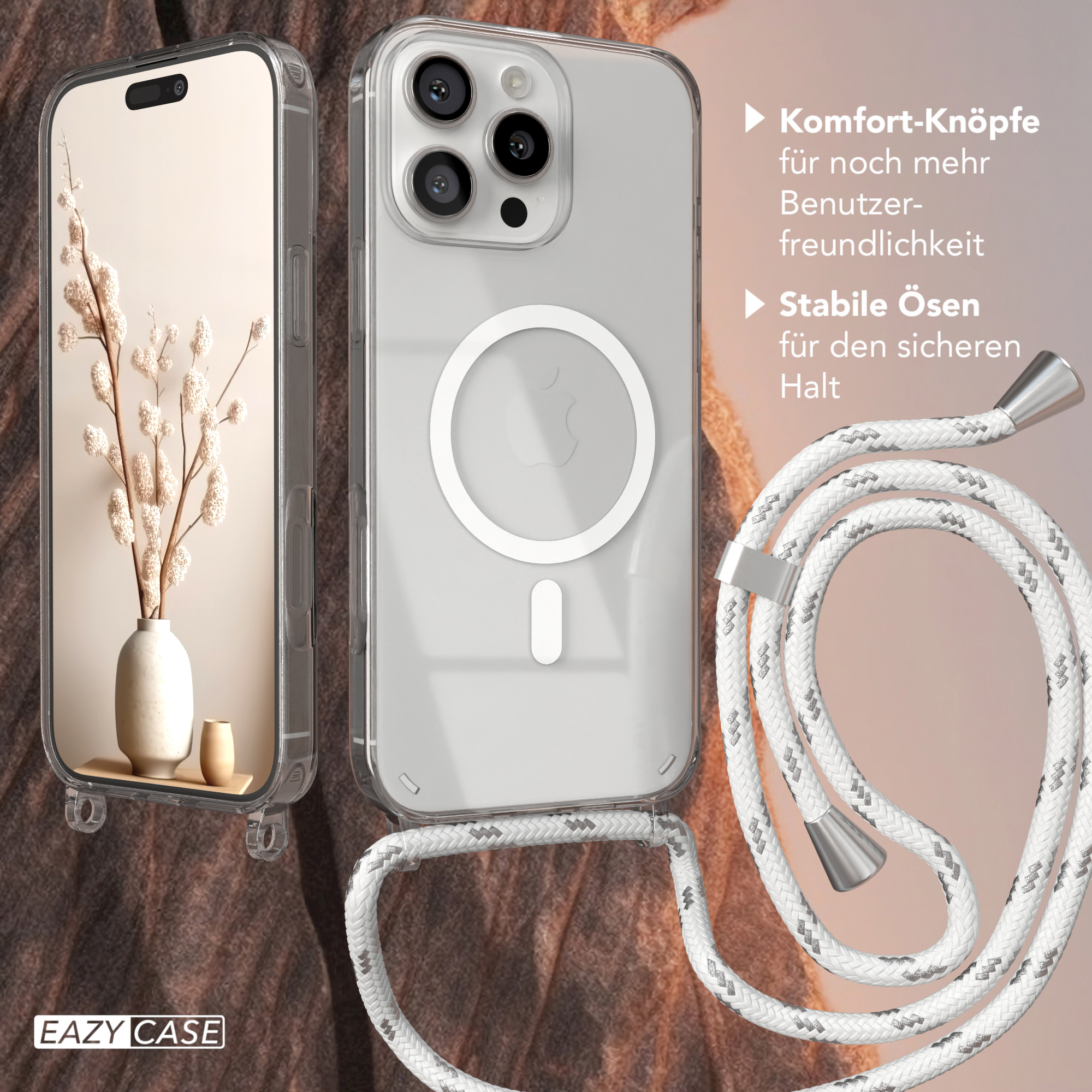 Handyhülle mit Telefon und weißem Kabel. Weißer Hintergrund.