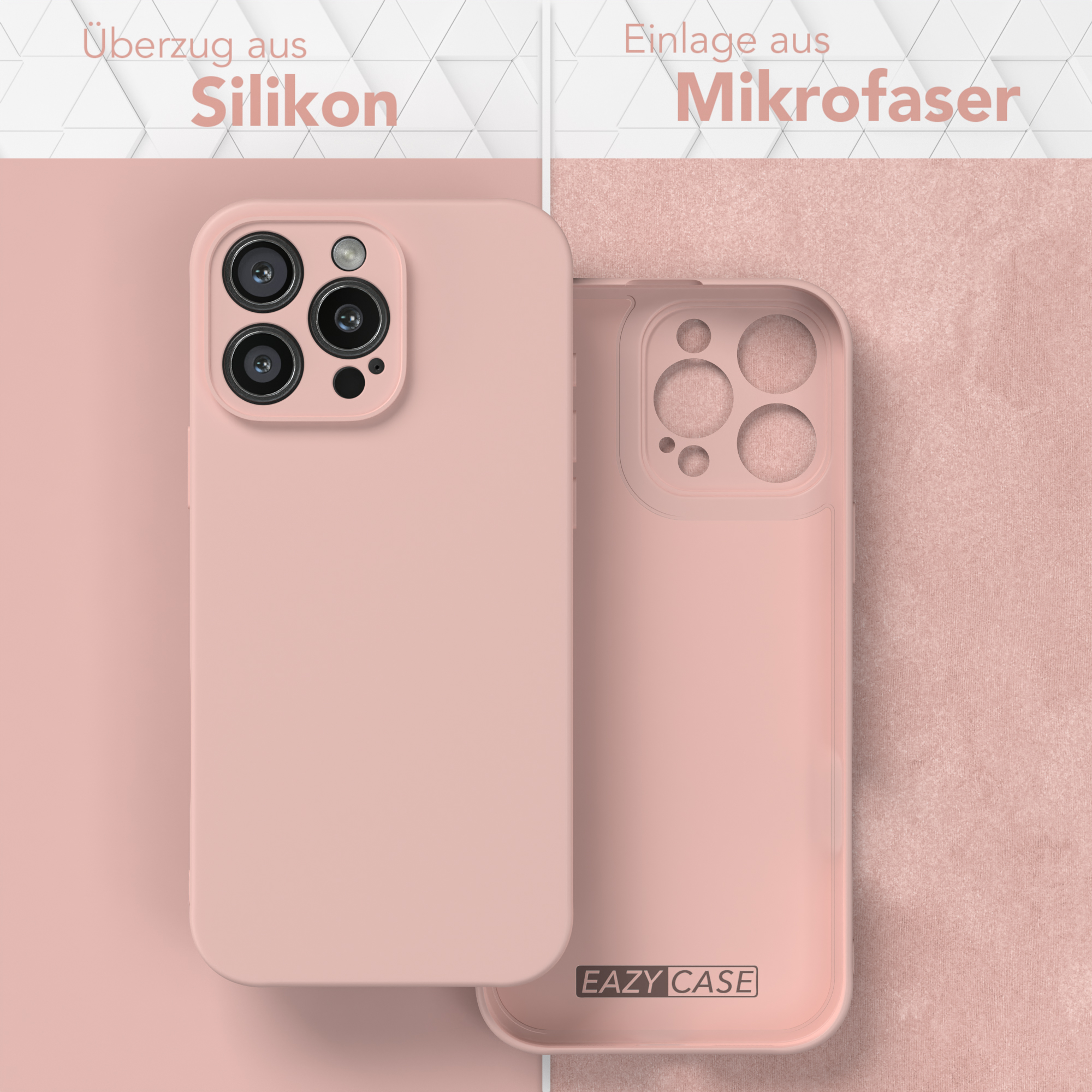 Rosa Handyhülle mit weißem Hintergrund. Silikon- und Mikrofaser-Materialien.