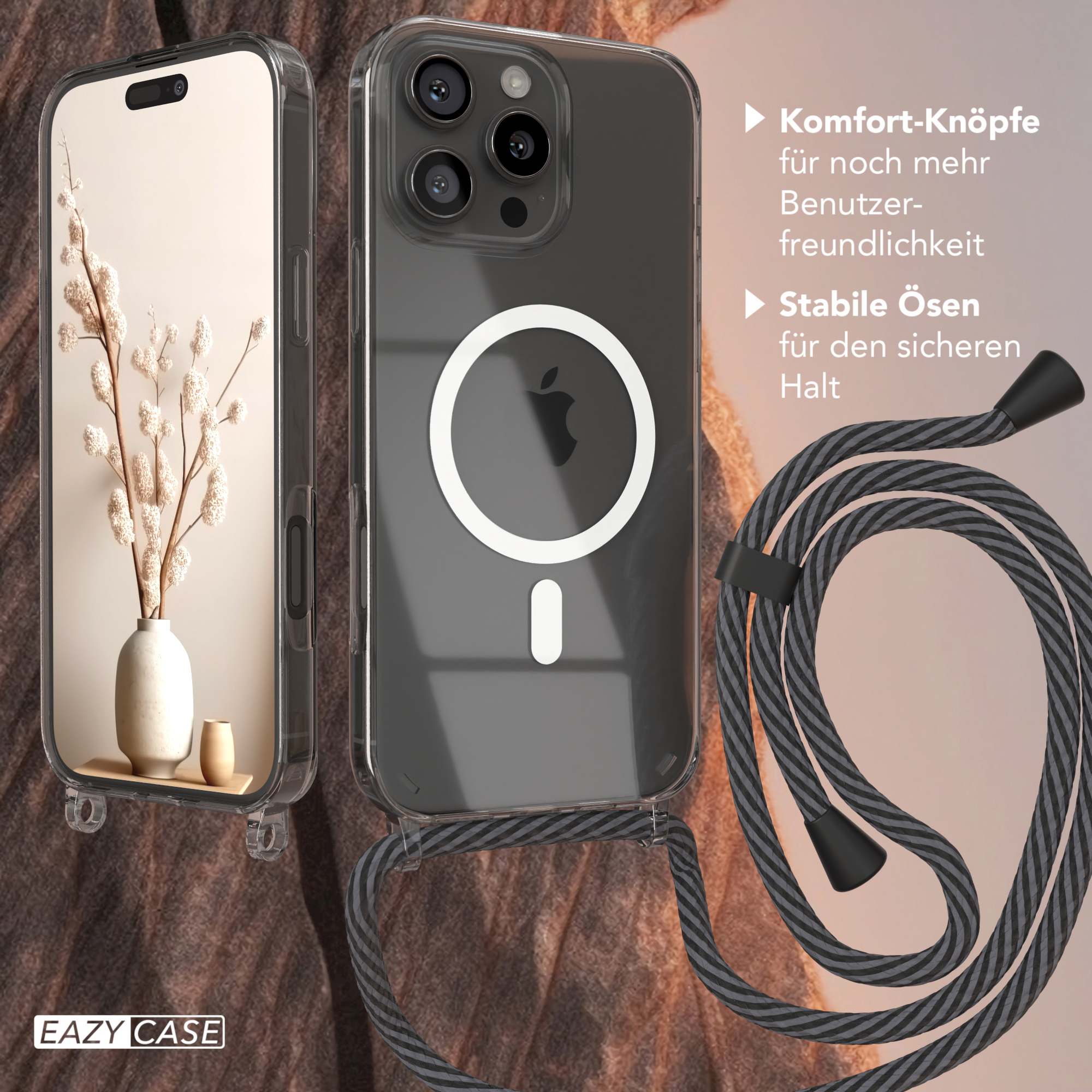 Zwei Smartphone-Hüllen mit einem Umhängeband. Die Hüllen sind transparent mit einem weißen Kreisdesign.