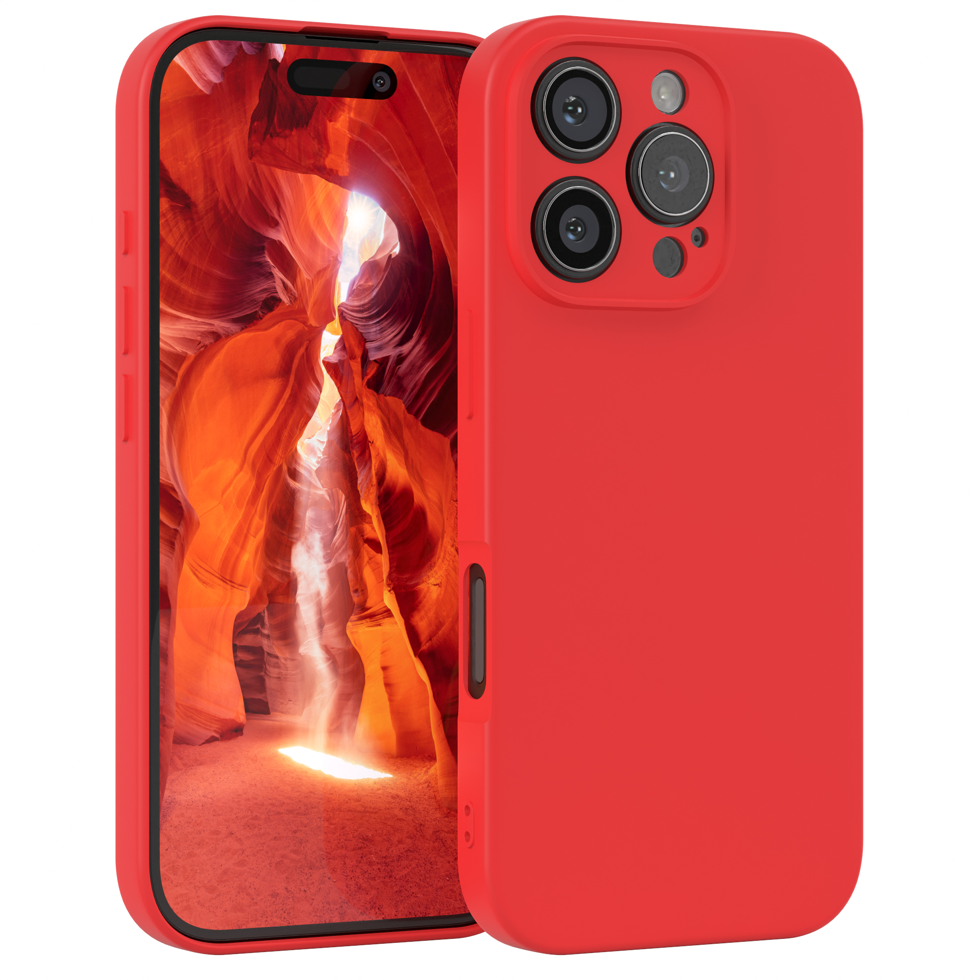 Rote Handyhülle mit Telefon. Die Hülle hat einen roten Hintergrund.