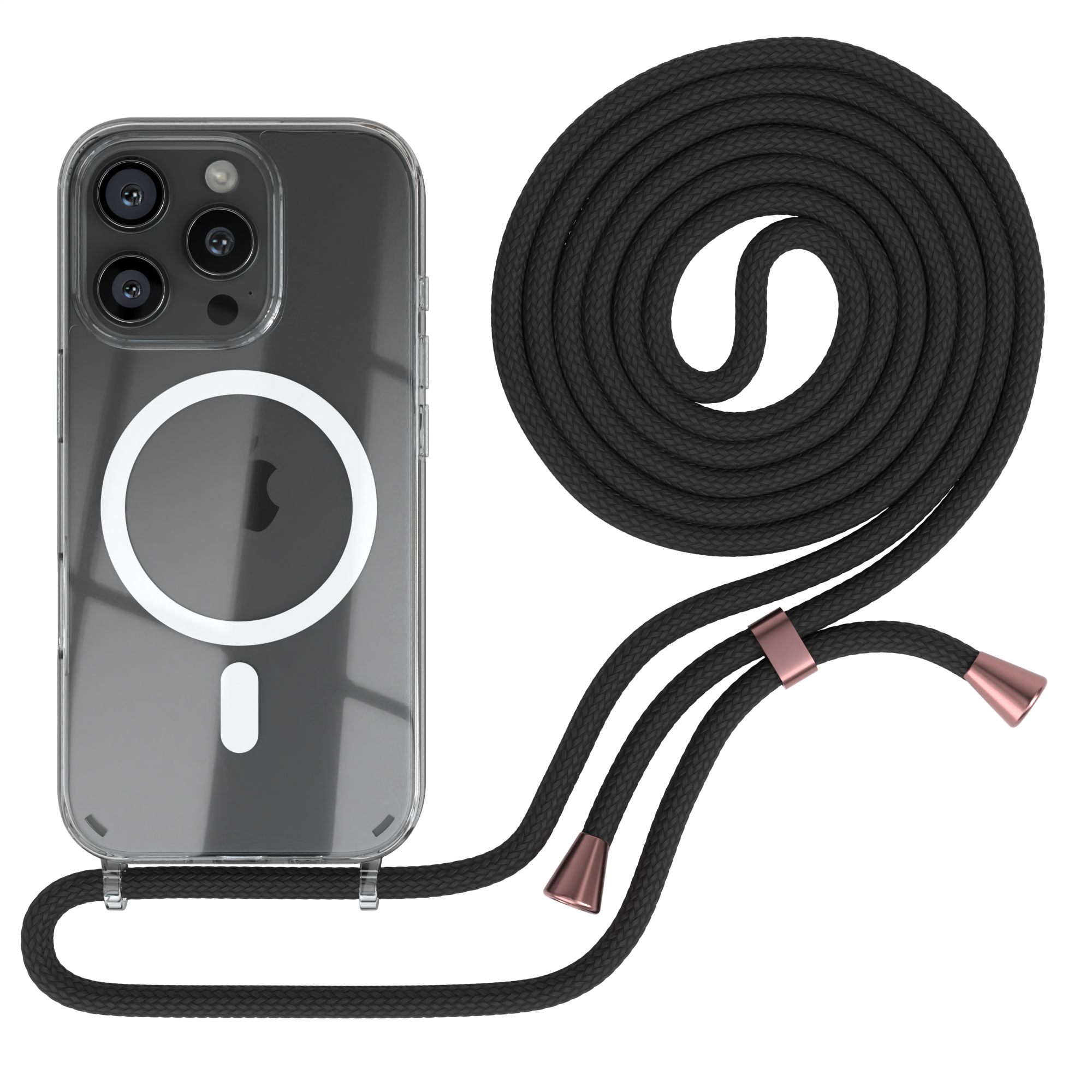 Transparente Handyhülle mit schwarzem Lanyard und roségoldfarbener Hardware.