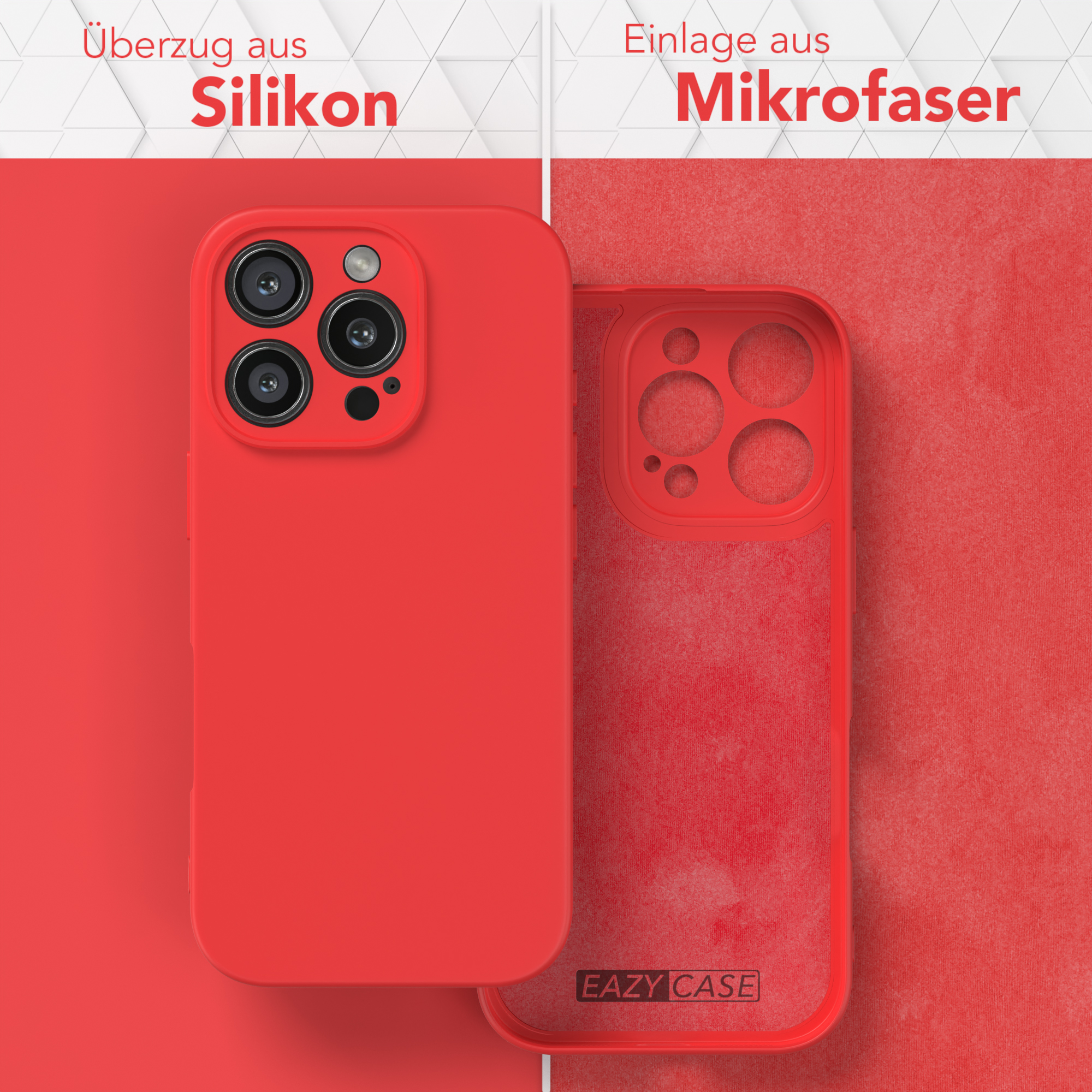 Rote Handyhülle. Eine Seite ist rot, die andere transparent. EAZY CASE Logo.