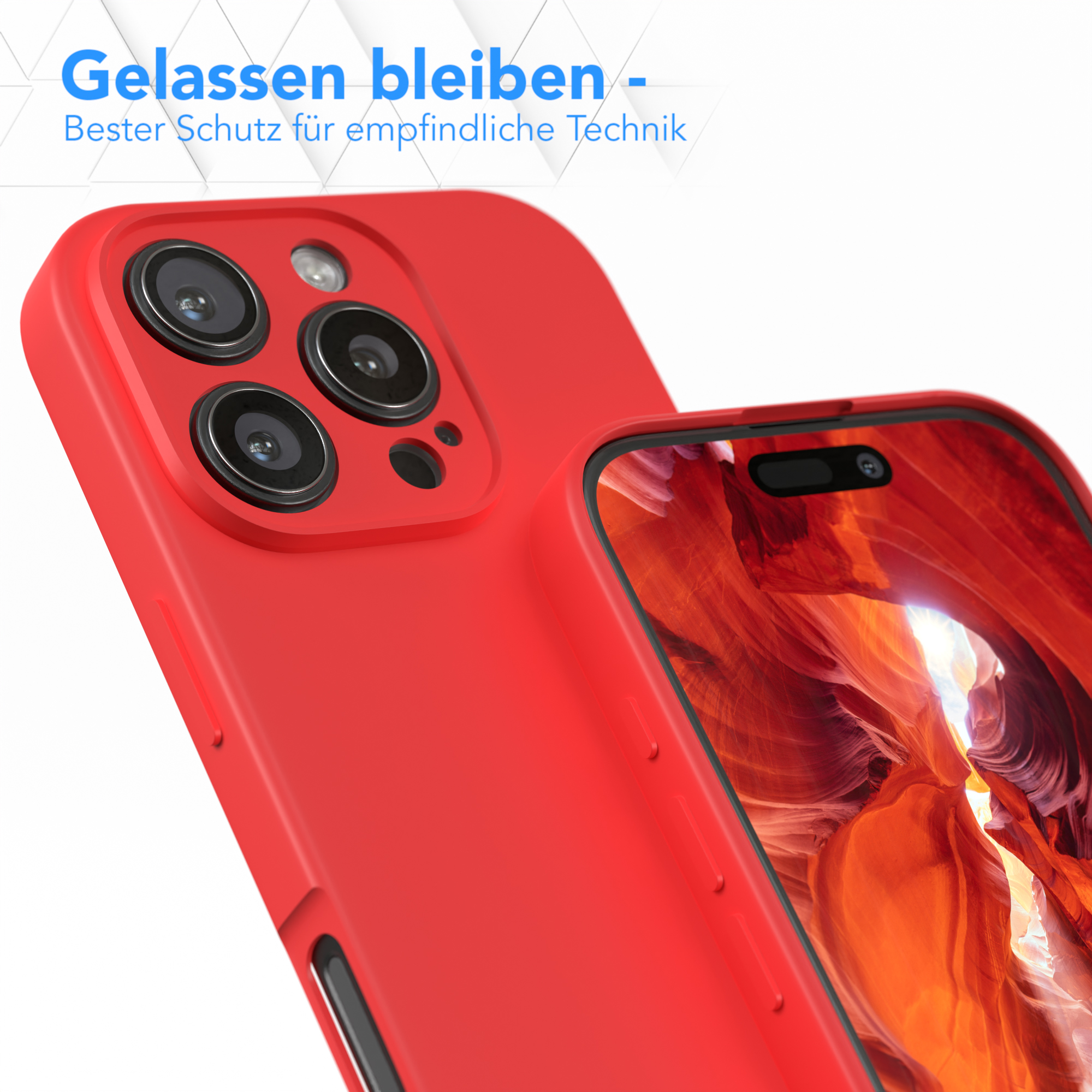Eine rote Handyhülle mit Kameraausschnitten und einem Telefon mit einem Canyon-Bild auf dem Bildschirm.