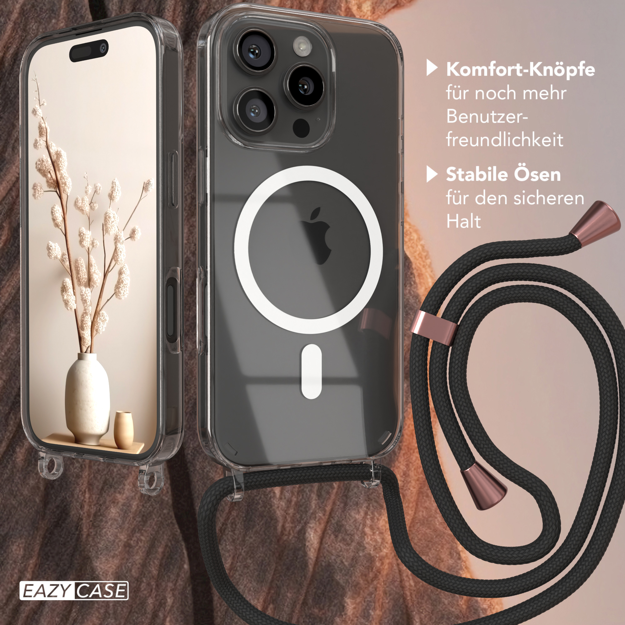 Transparente Handyhülle mit schwarzem Band, Telefon links. Fokus auf Hüllenmerkmale und Details.