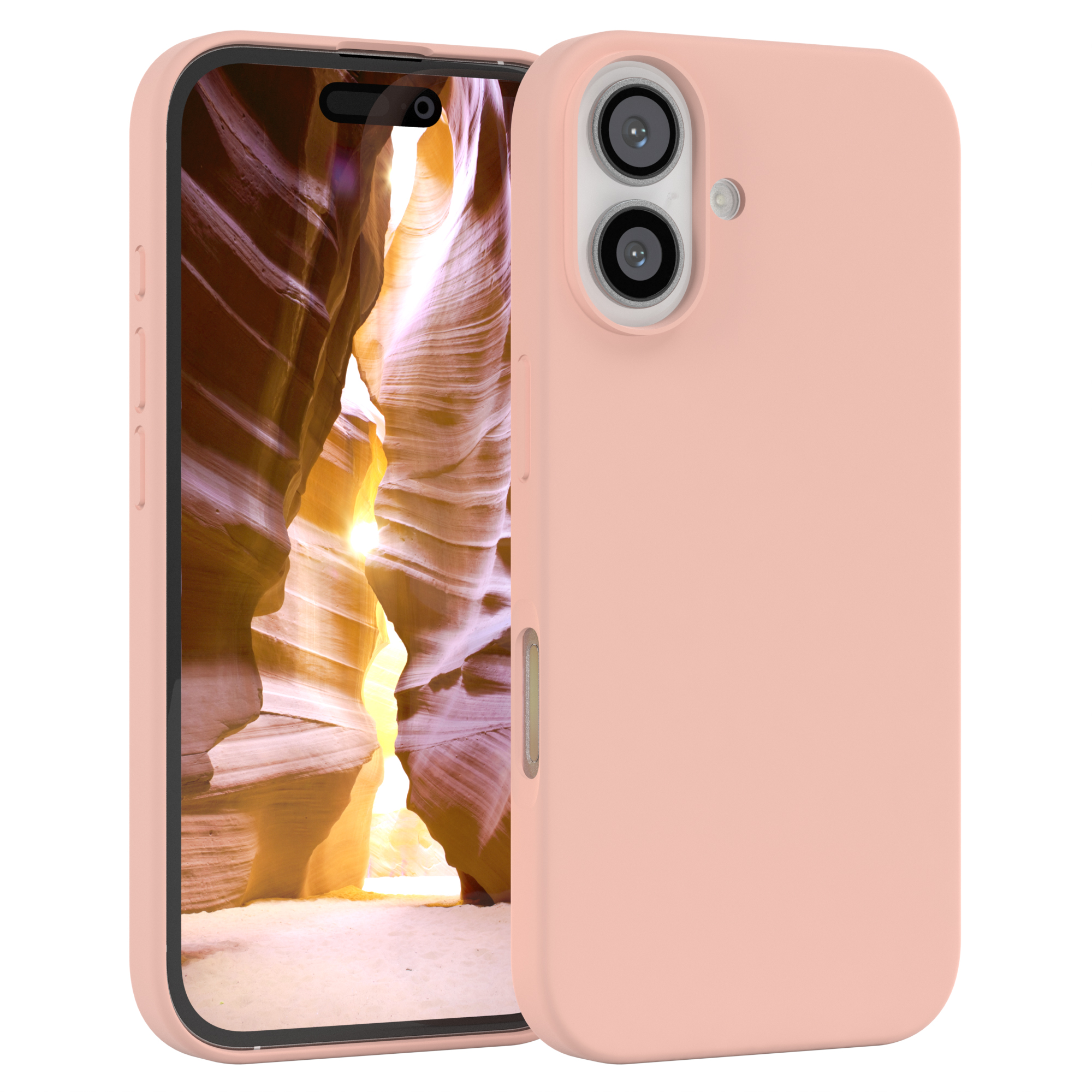 Rosafarbene Handyhülle auf einem Telefon. Weißer Hintergrund.