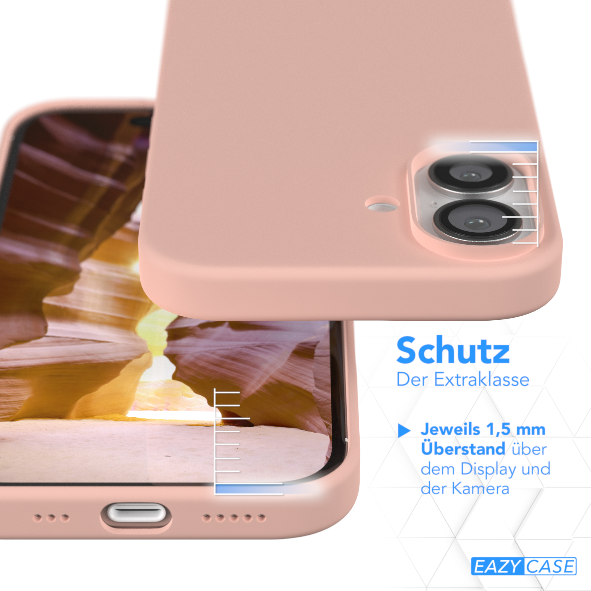 Rosa Handyhülle mit Text auf dem Bildschirm. Telefon ist in der Hülle mit weißem Hintergrund.
