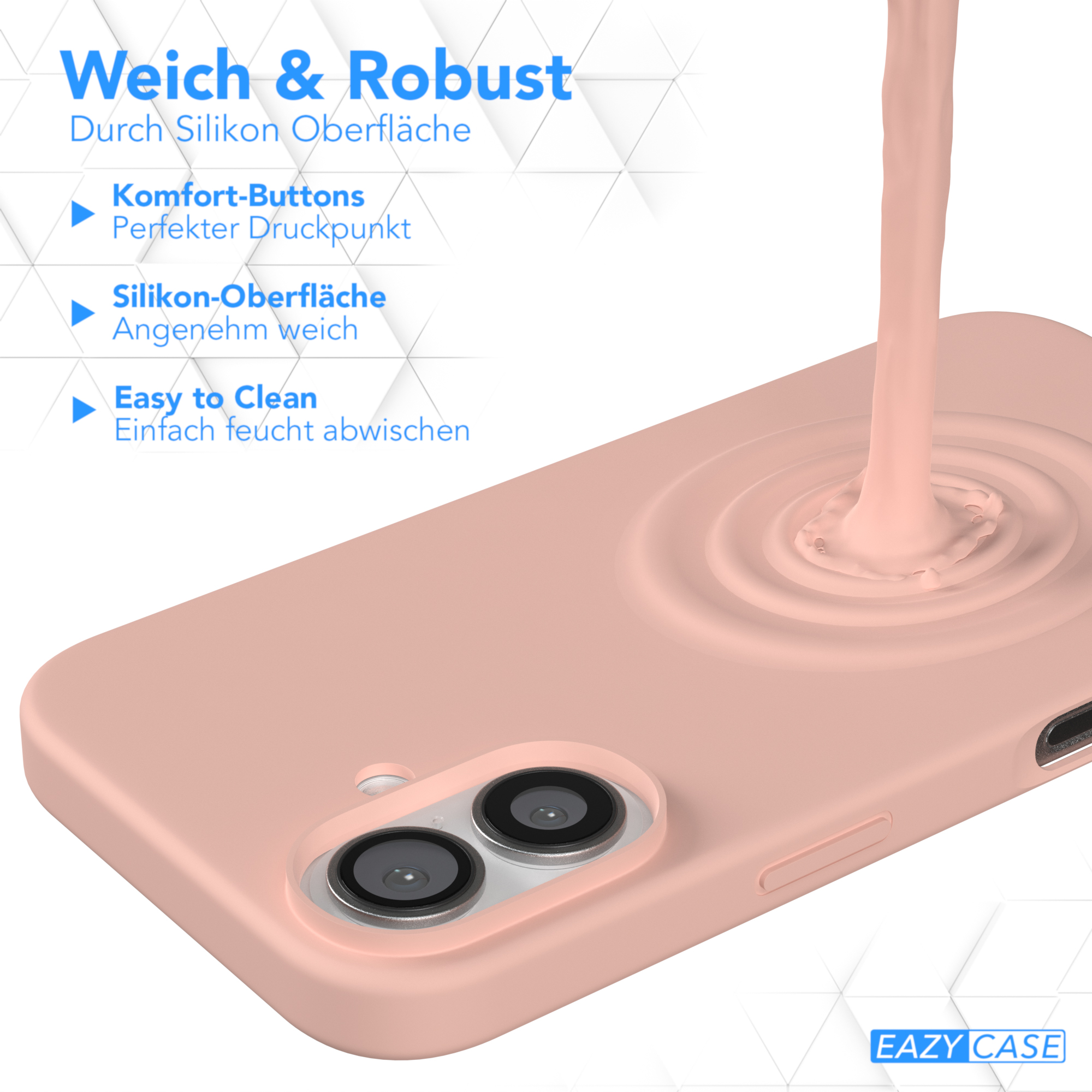 Rosa Handyhülle mit Flüssigkeit, die darauf gegossen wird, mit Produktdetails.