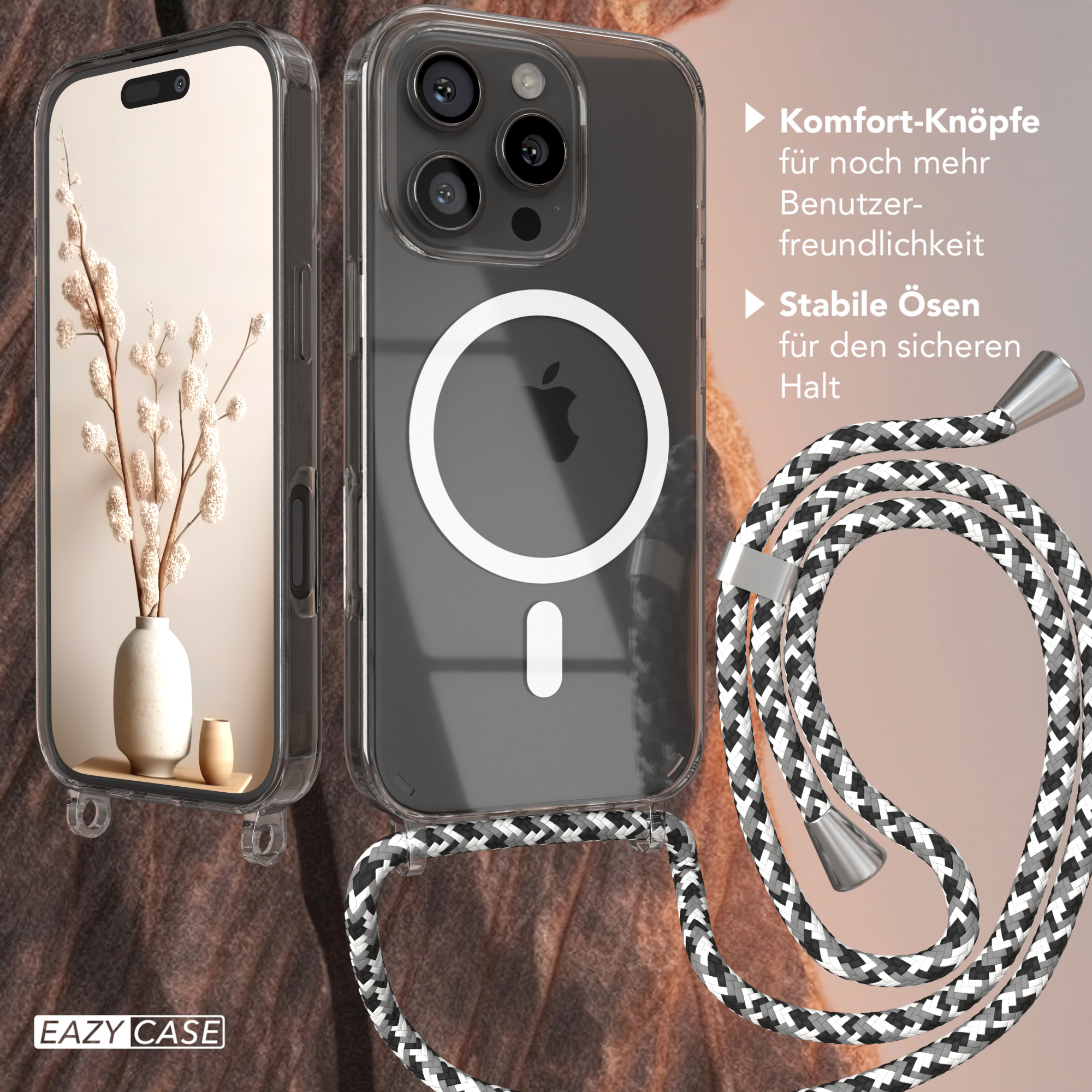 Handyhülle mit durchsichtigem Rücken und Kordel, das Telefon darin zeigend.