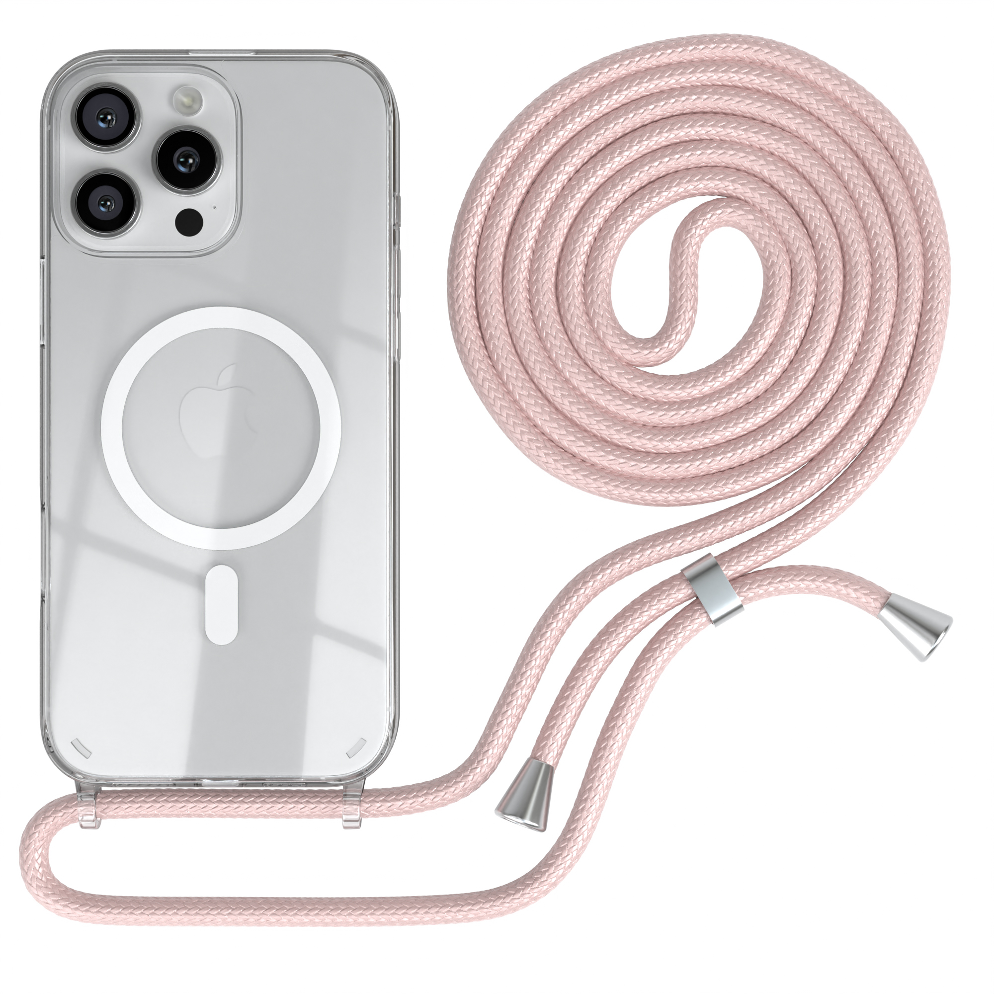 Transparente Handyhülle mit pinkfarbenem Lanyard. Das Lanyard hat silberne Metallenden.