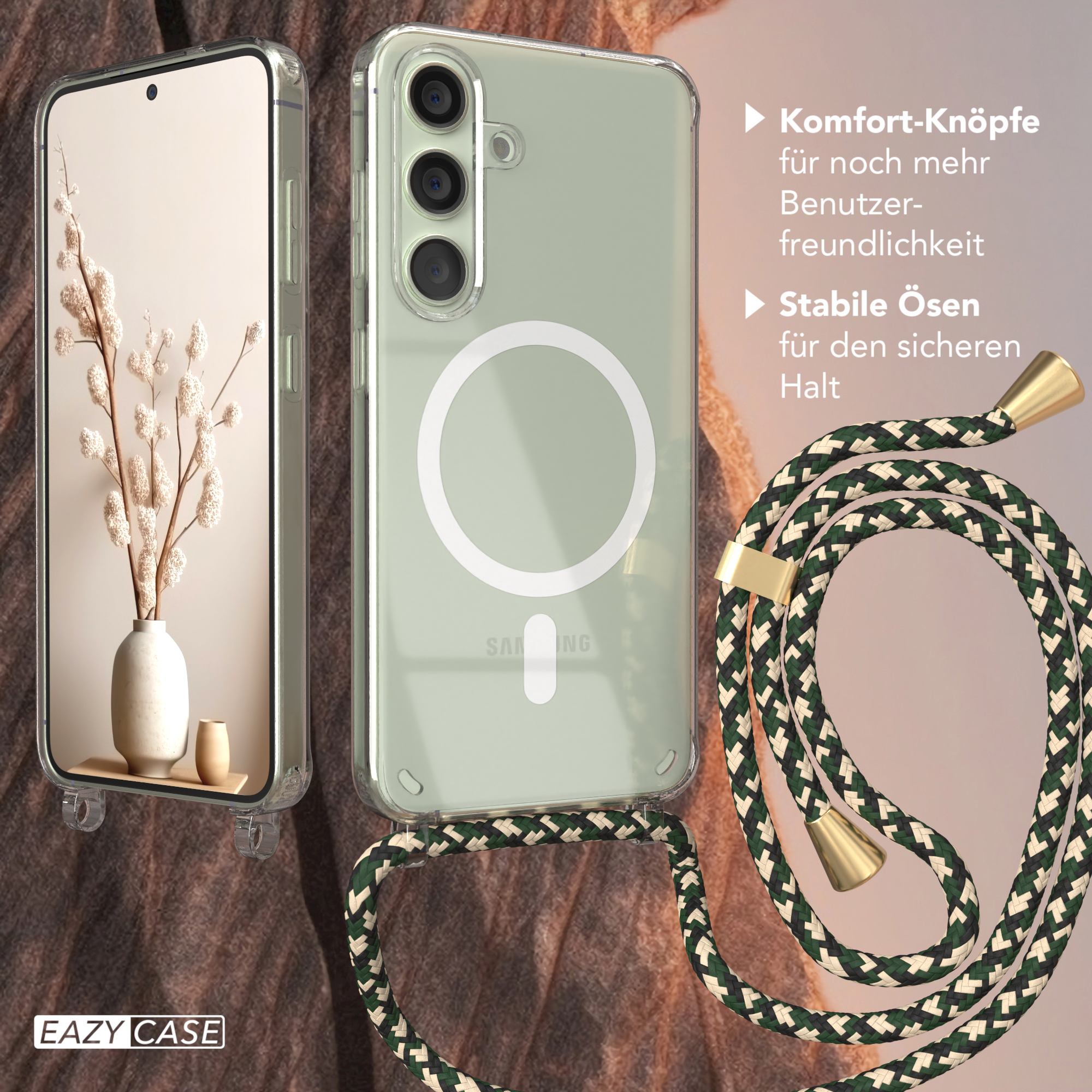 Handyhülle mit Telefon, und Umhängeband. Braune Oberfläche, Hintergrund.