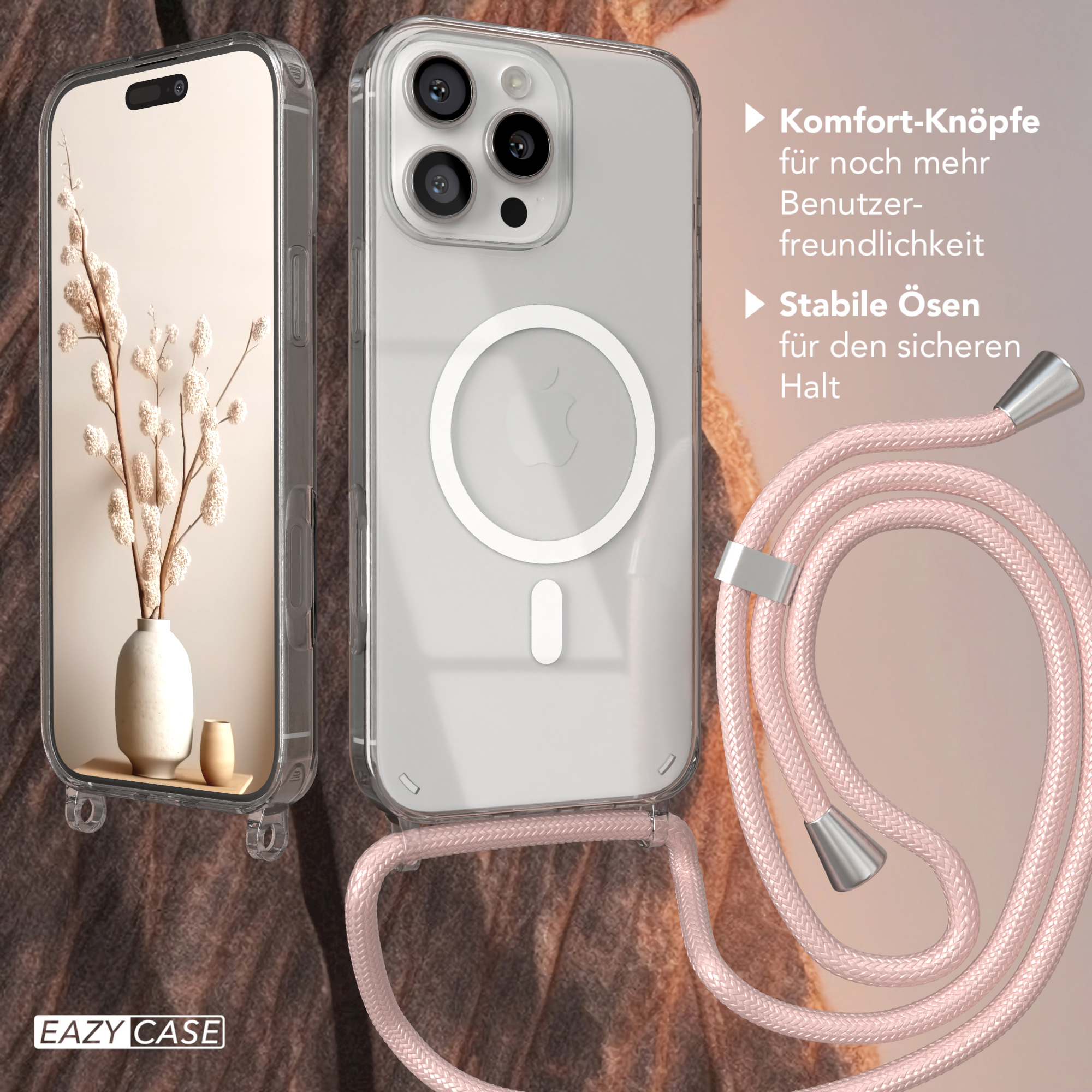 Transparente Handyhülle mit rosa Lanyard. Das Telefon wird mit einer Blumenvase angezeigt. Text rechts.