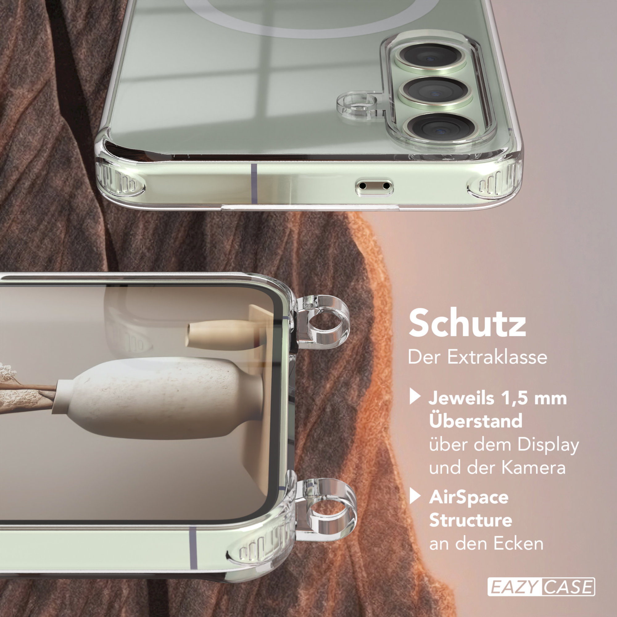 Nahaufnahme einer Handyhülle. Transparent mit Text und einer Vase im Inneren. Text: 'Schutz'.