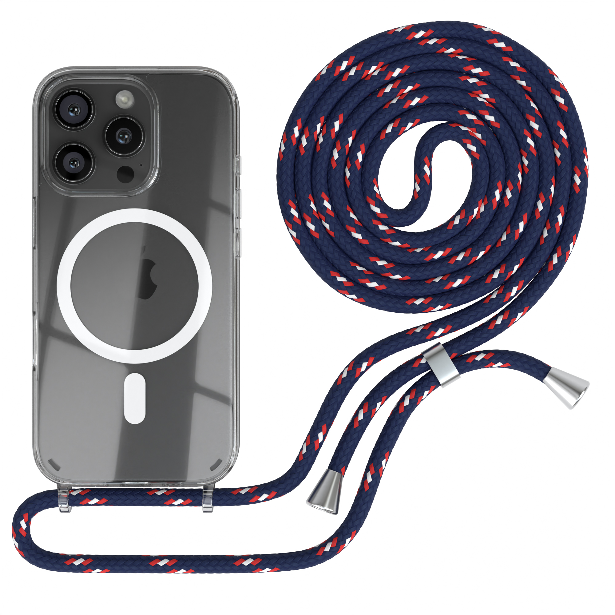 Eine transparente Handyhülle mit einem blau, rot und weiß gemusterten Handyband.