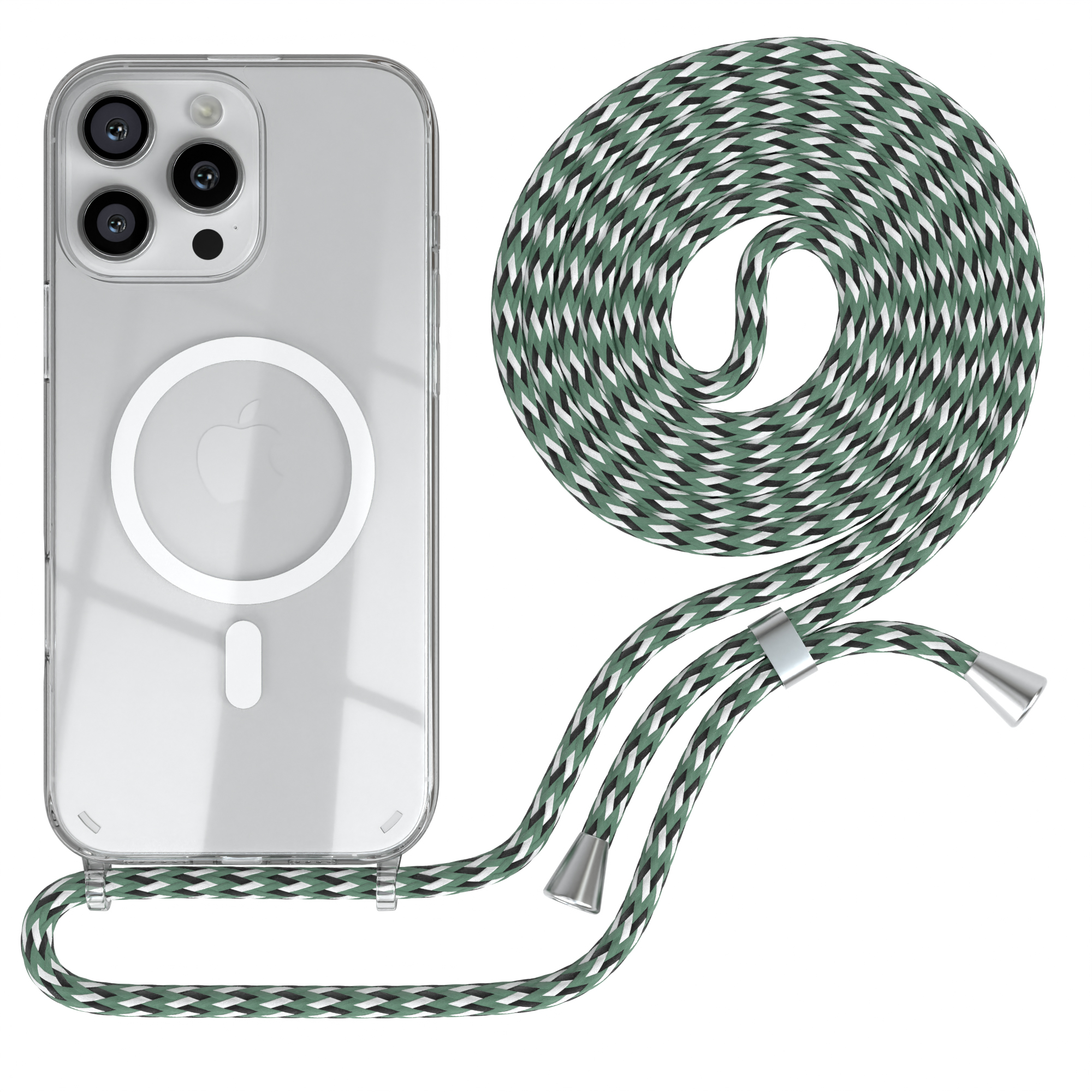 Transparente Handyhülle mit grün-weißem Kabel. Die Hülle hat einen weißen MagSafe-Kreis.