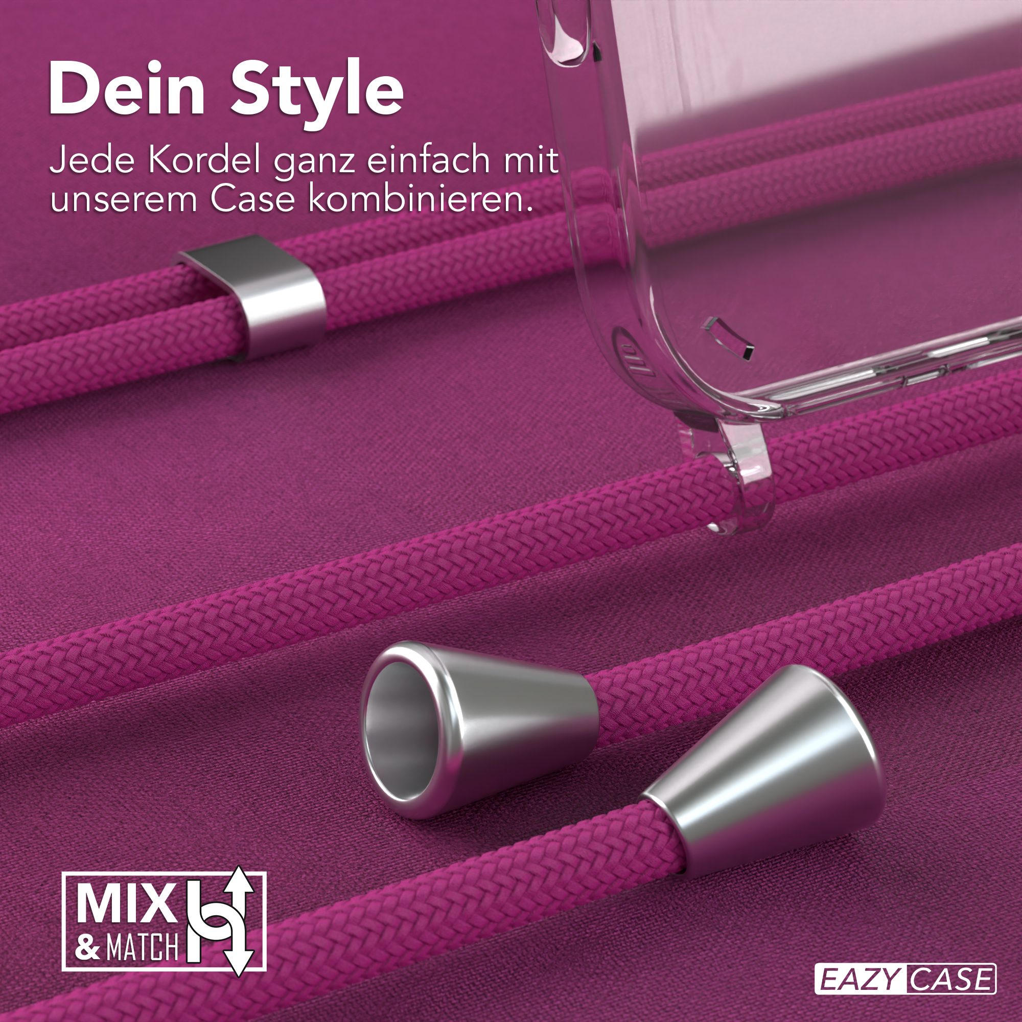 Pinke Telefonkordeln mit silbernen Enden und eine transparente Handyhülle. Der Hintergrund ist lila.