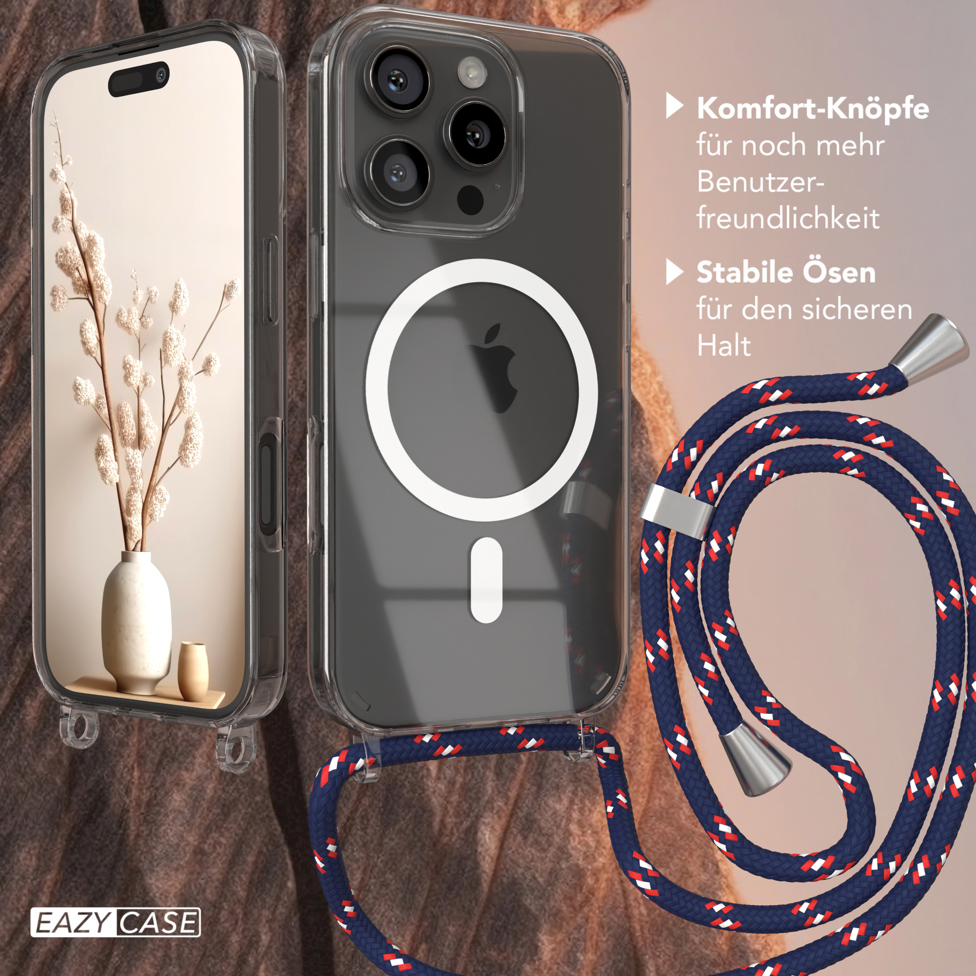 Transparente Handyhülle mit Lanyard, ein Telefon darin. Eine Vase mit Blumen befindet sich links.
