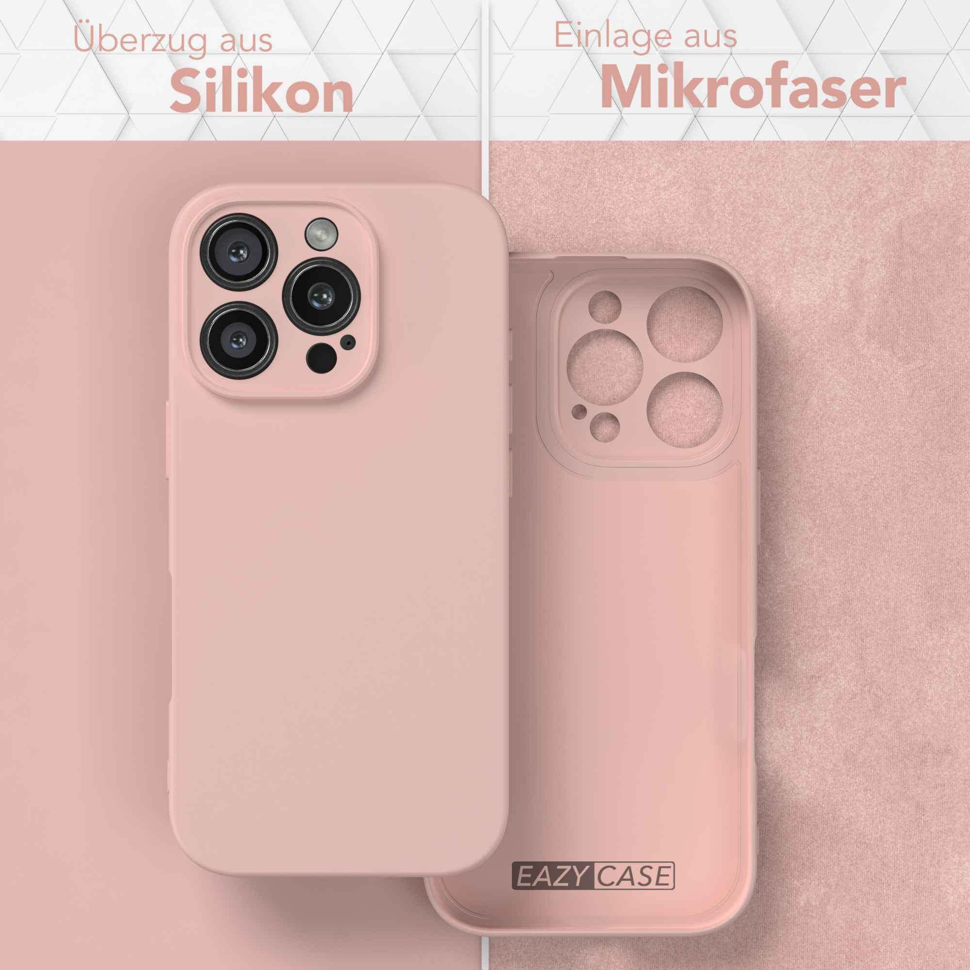 Zwei Handyhüllen, eine rosa, zeigen ein Silikon-Außen und ein Mikrofaser-Innen.