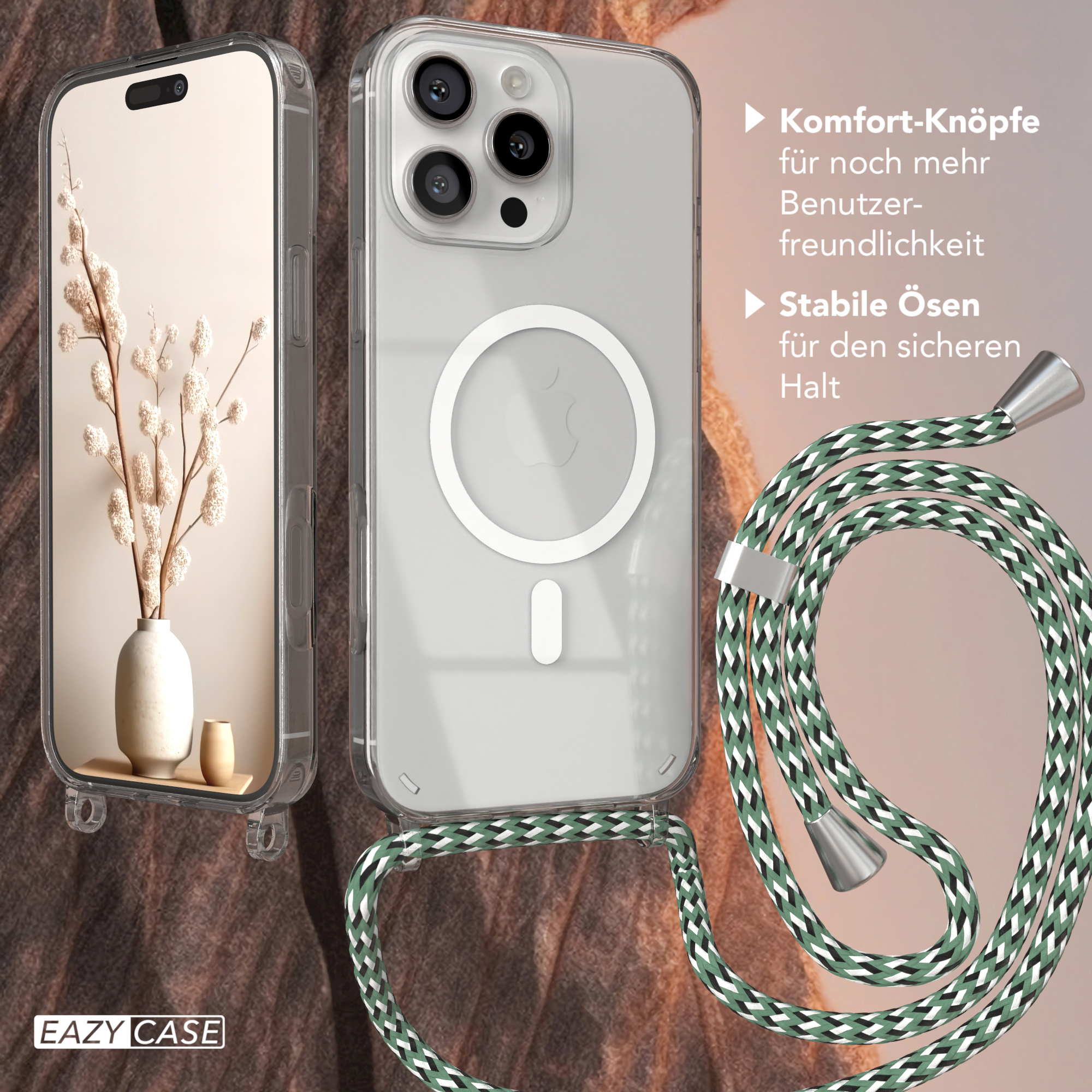Transparente Handyhülle mit grün-weißem Kordel. Das Handy zeigt eine Vase mit Zweigen.