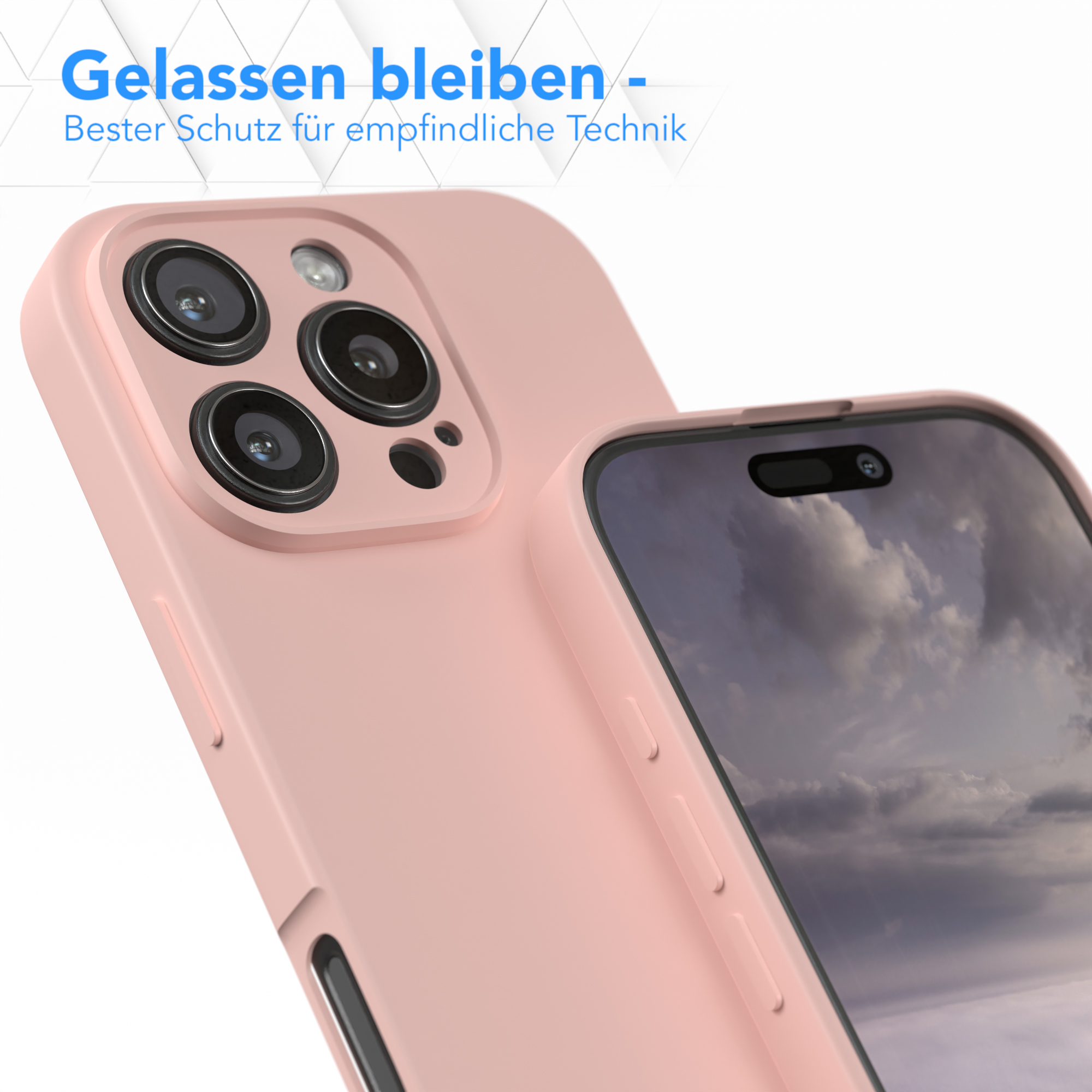 Eine pinke Handyhülle auf einem Telefon. Die Handyhülle schützt die Kameralinsen. Text auf der Hülle.