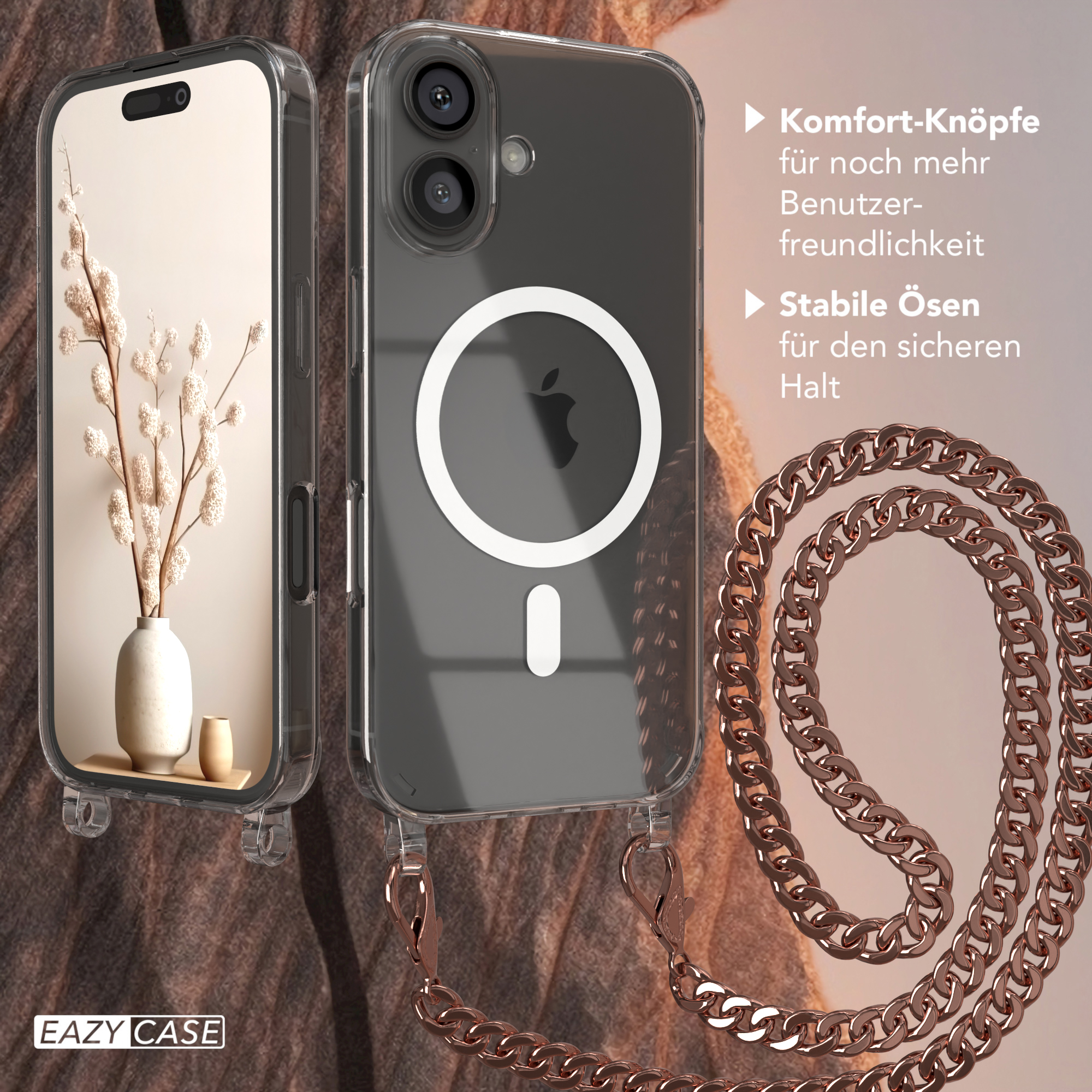Eine transparente Handyhülle mit Kette. Links ein Handy mit floralem Hintergrund.