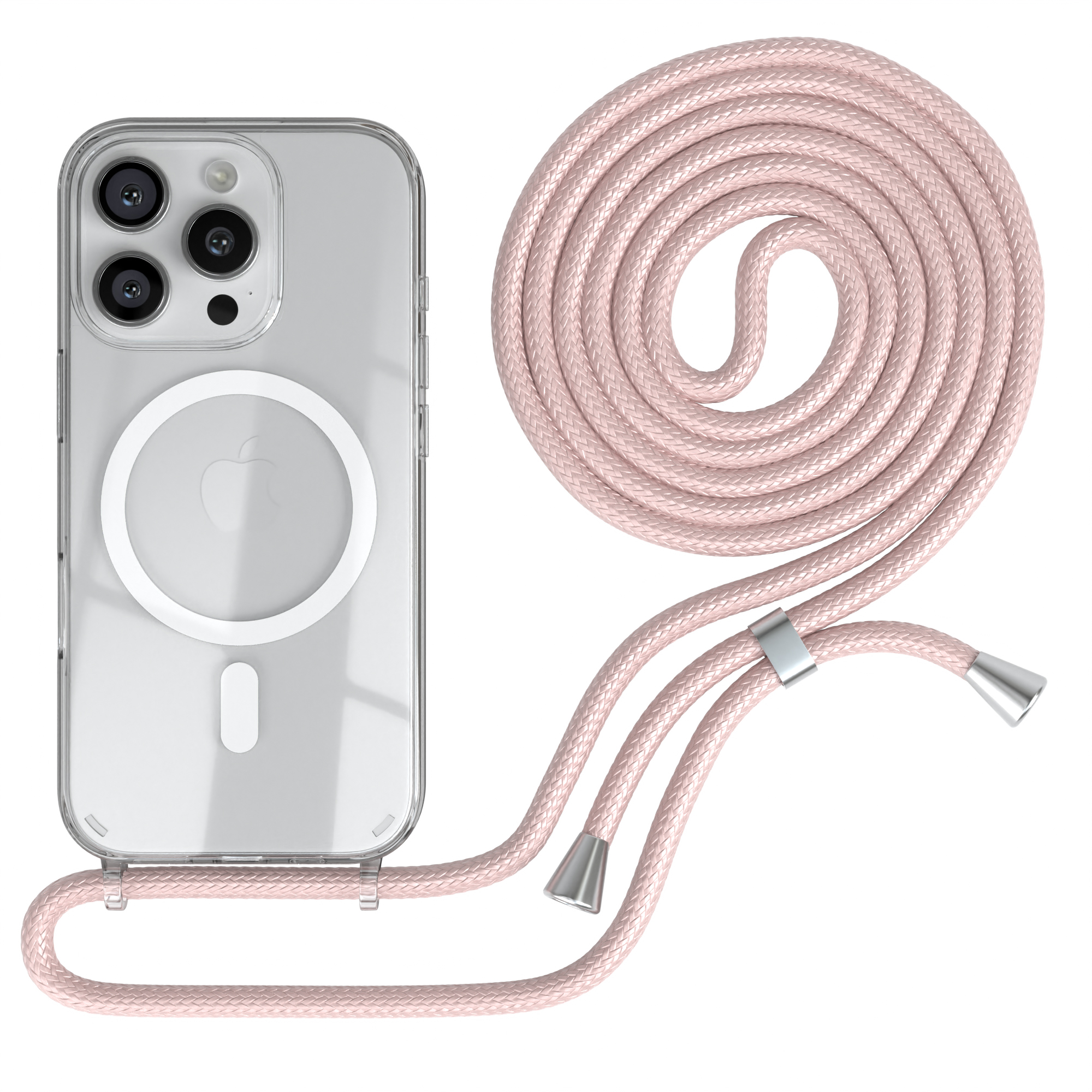 Transparente Handyhülle mit pinkfarbenem Kabel. Telefon hat Kameraerhebung. Weißes Apple-Logo hinten.