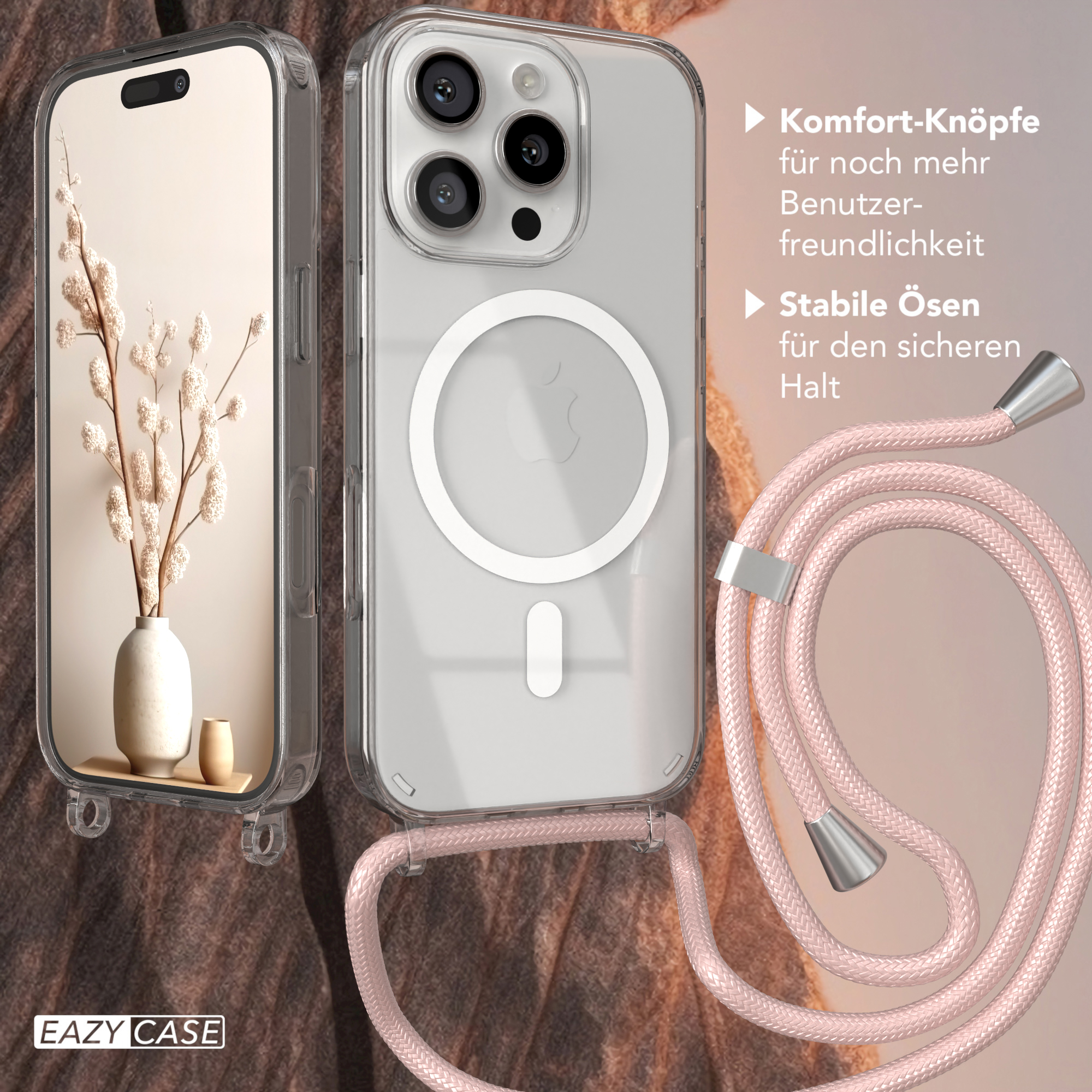 Zwei Handyhüllen, eine mit Handy, zeigen eine Handyhülle und eine rosa Kordel mit silbernem Verschluss.