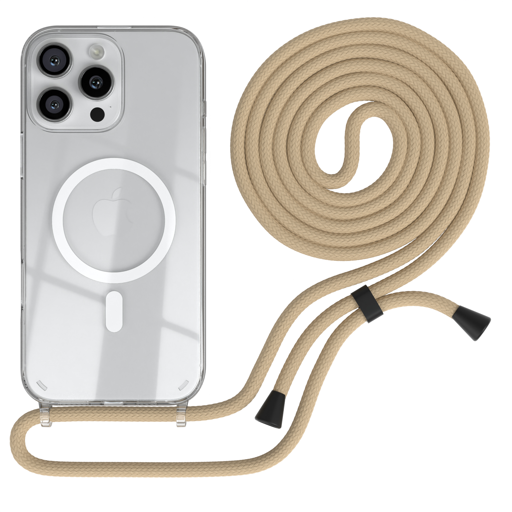 Transparente Handyhülle mit beigefarbener Kordel. Die Hülle ist an einem Telefon.