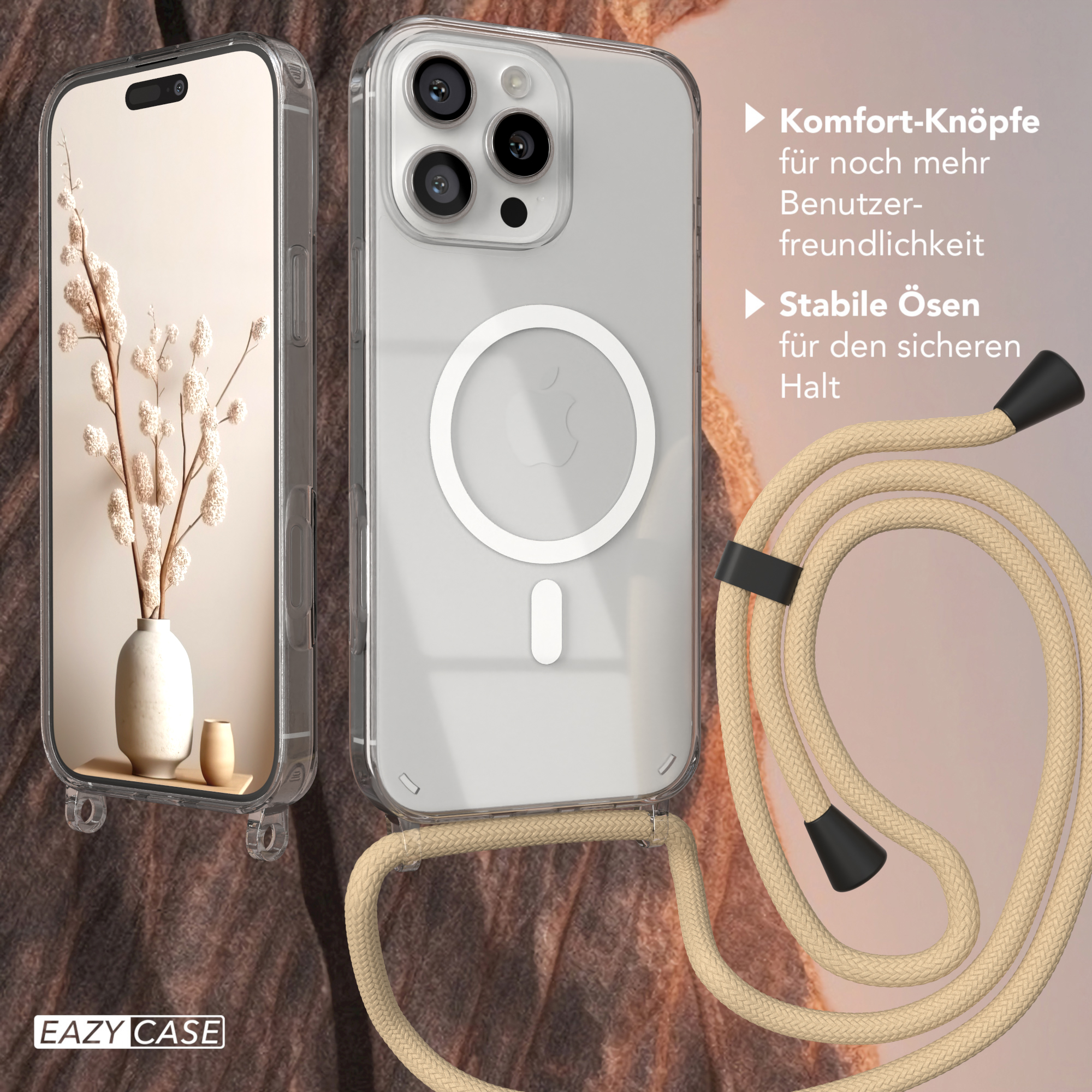 Handyhülle mit durchsichtigem Rücken und beigem Schlüsselband. Das Telefon hat ein Blumen-Hintergrundbild. Zubehör sichtbar.