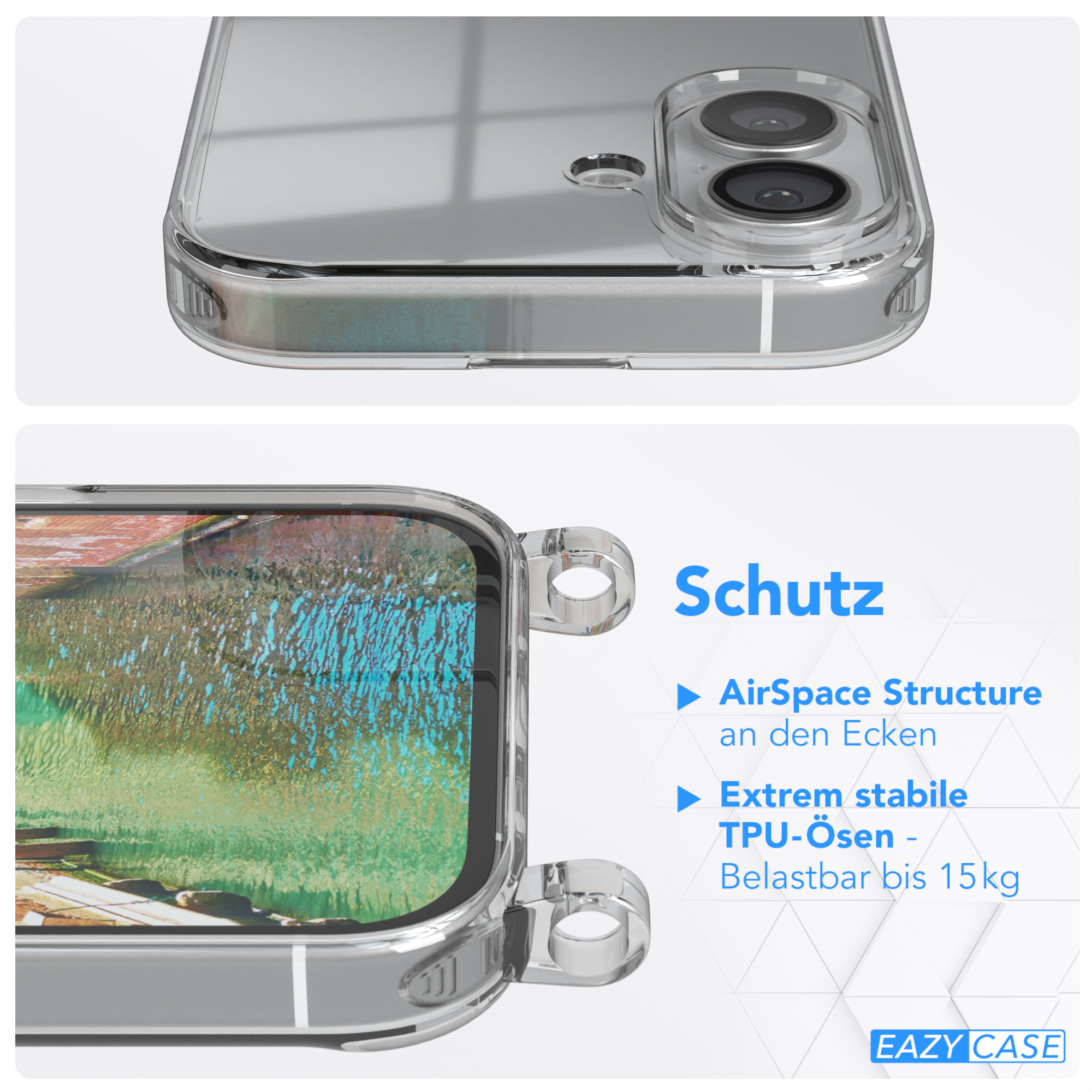 Transparente Handyhülle mit Telefon, Text beschreibt Funktionen.