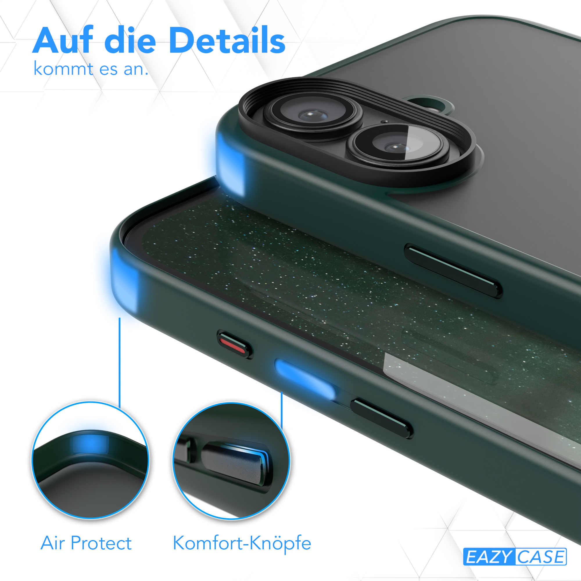 Nahaufnahme einer Handyhülle mit Ausschnitten für Knöpfe und Kamera. Blaue Akzente.