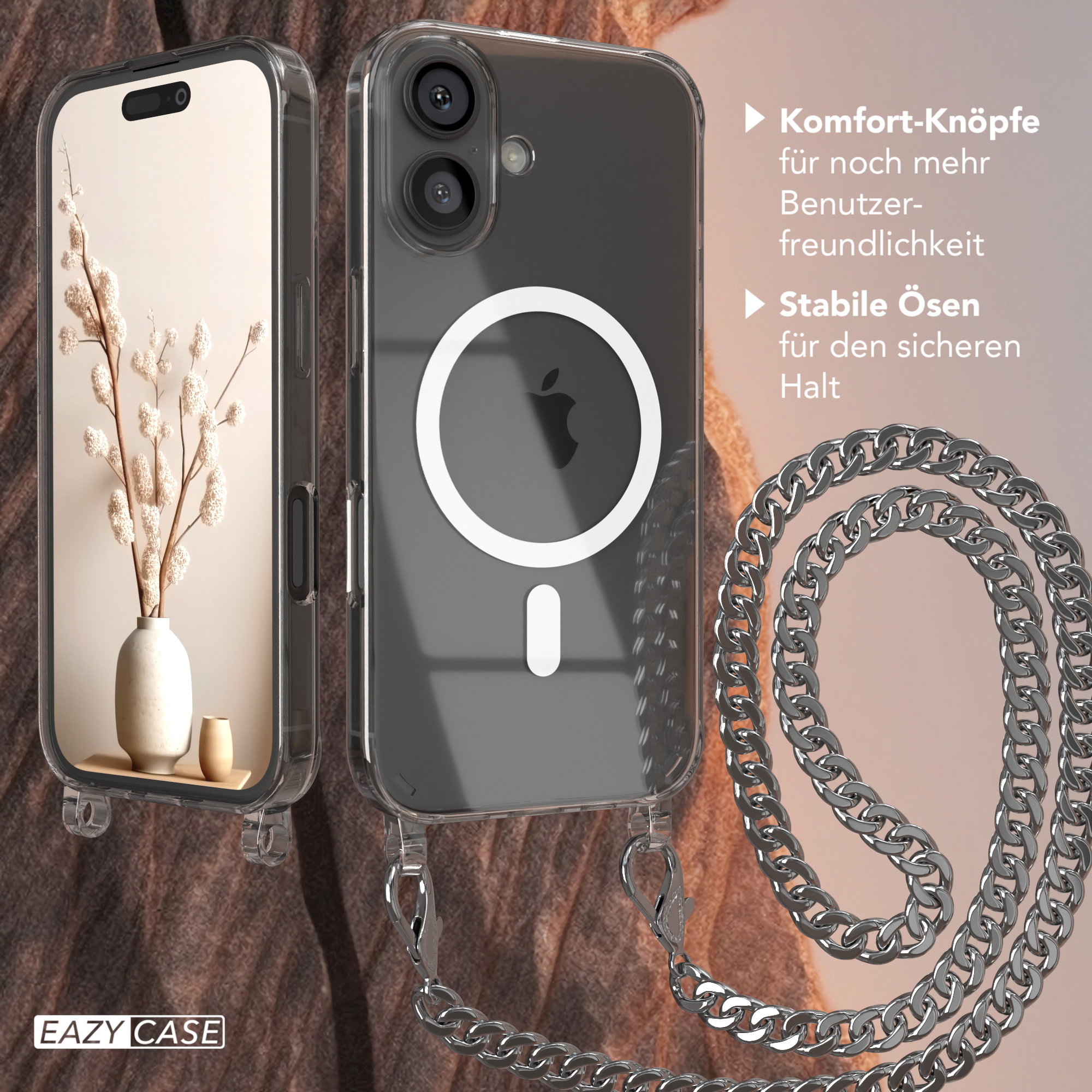 Transparente Handyhülle mit Kette. Telefon mit floraler Tapete darin.