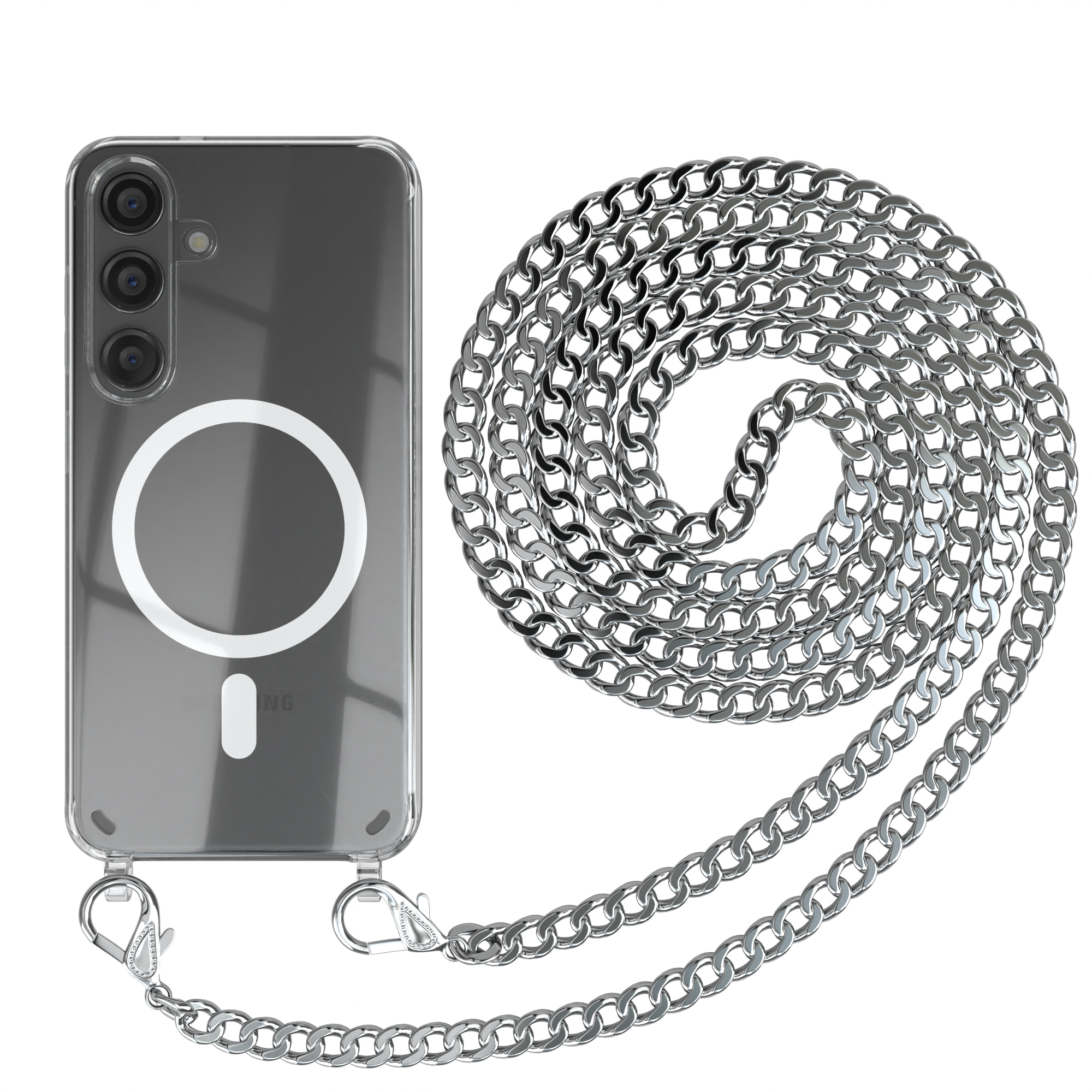 Transparente Handyhülle mit silberner Kette, zeigt ein Telefon im Inneren, isoliert auf weißem Grund.