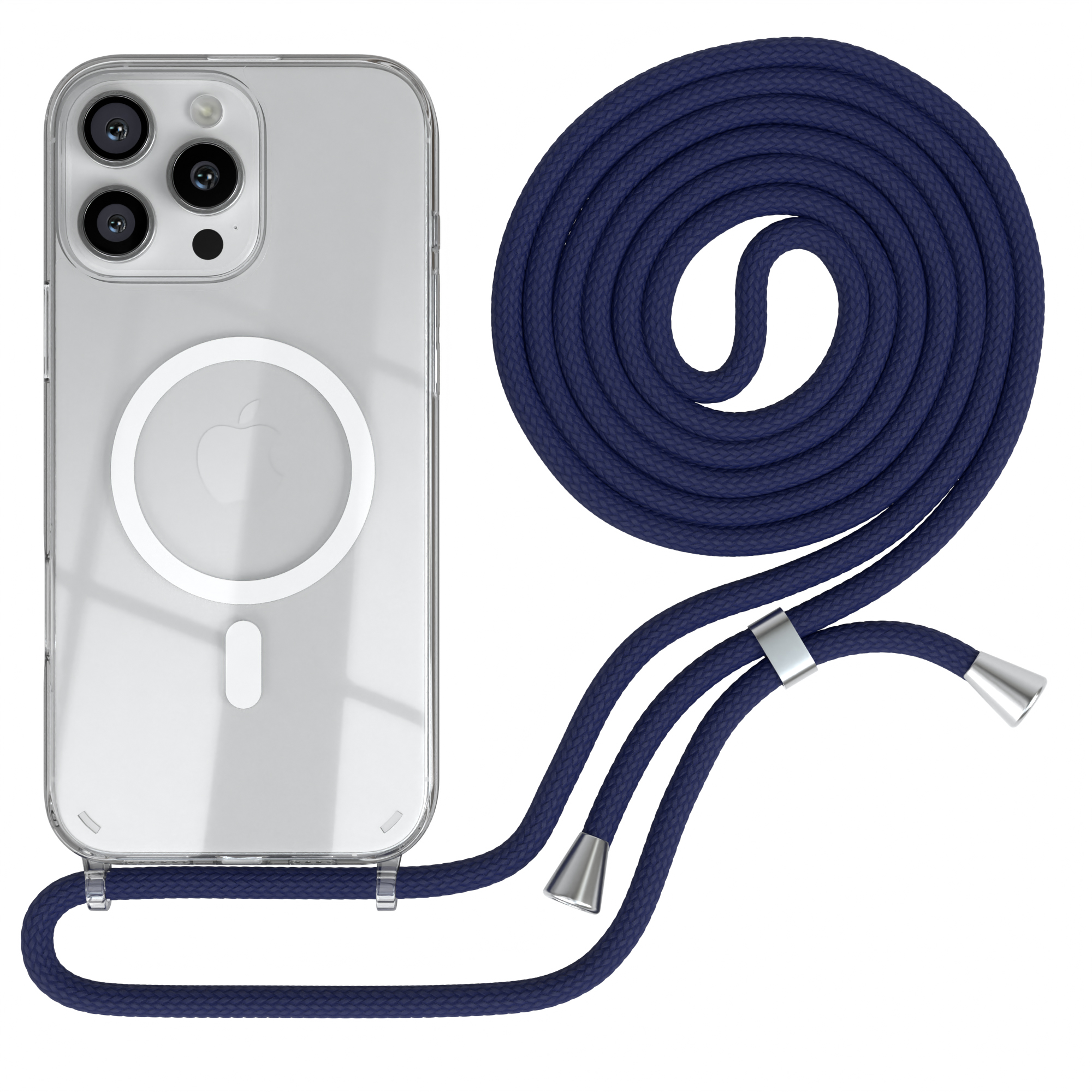 Transparente Handyhülle mit dunkelblauem Lanyard. Das Lanyard hat silberne Metallenden.
