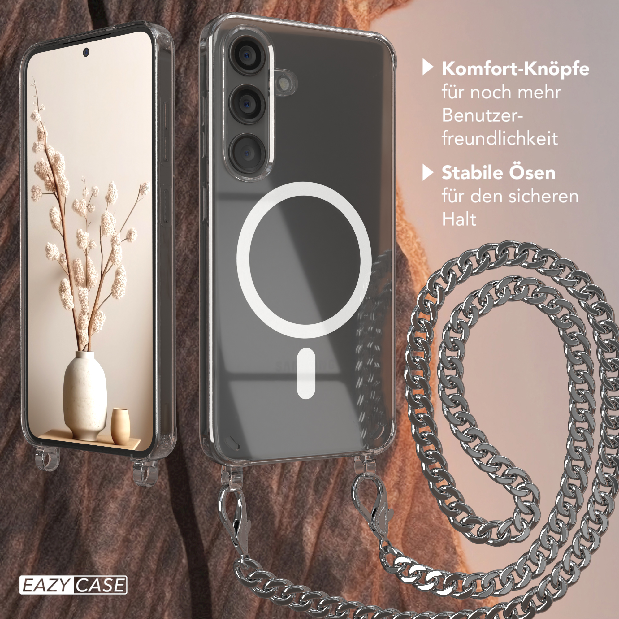 Eine Handyhülle mit Kette im Display, die das Telefon und Details zeigt.