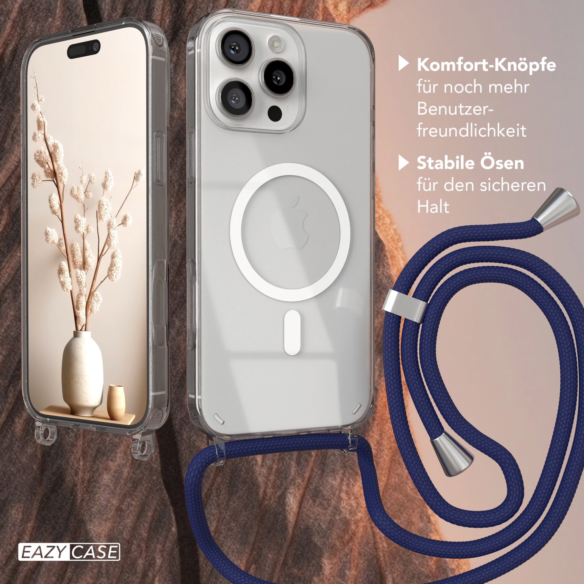 Eine Handyhülle mit einem Telefon darin, plus ein blaues Schlüsselband. Links eine Vase mit Blumen.