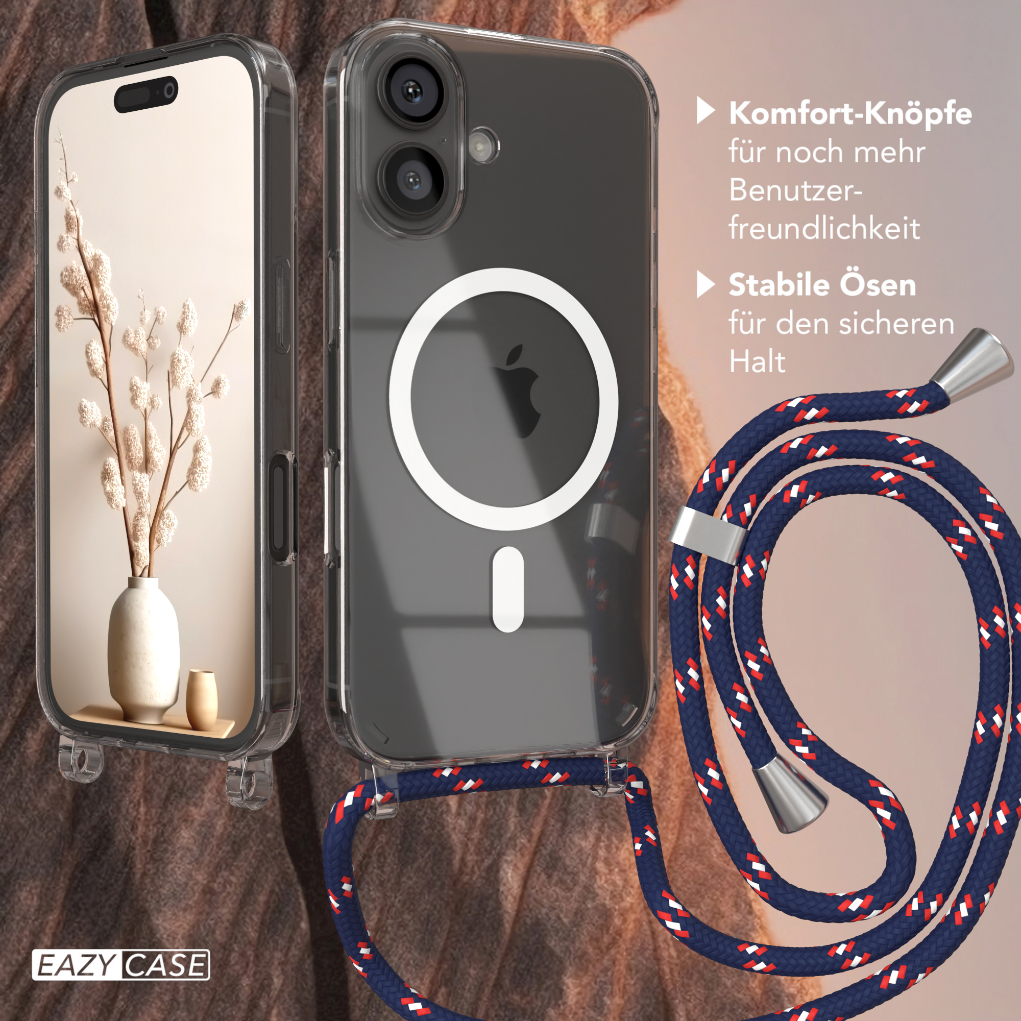 Transparente Handyhülle mit rot-weiß-blauem Kordel. Das Handy zeigt eine Vase mit Zweigen.