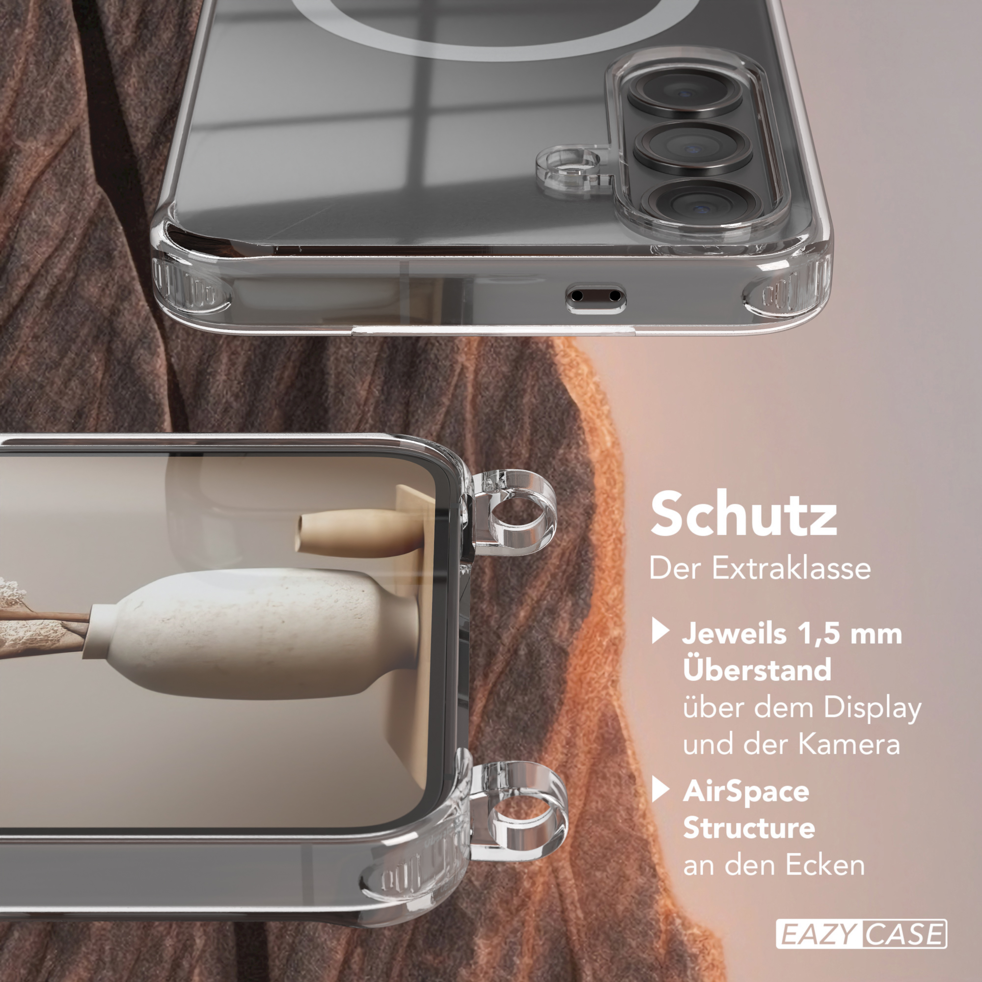 Zwei Handyhüllen, eine offen, mit einem Telefon mit Zeichnung. Text hebt Schutzfunktionen hervor.