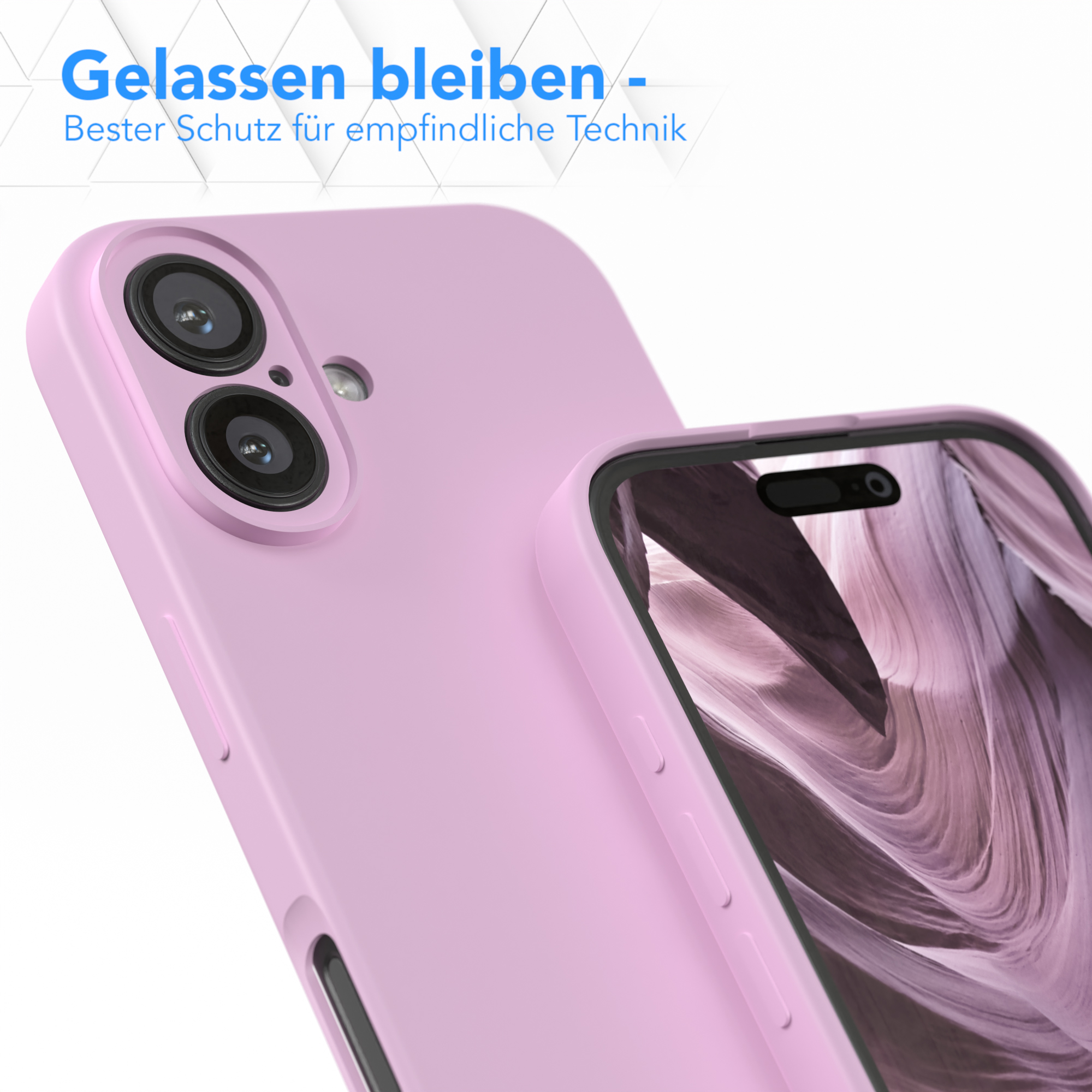 Eine rosa Handyhülle mit Kameraausschnitten und einem Telefon mit einem Canyon-Bild auf dem Bildschirm.