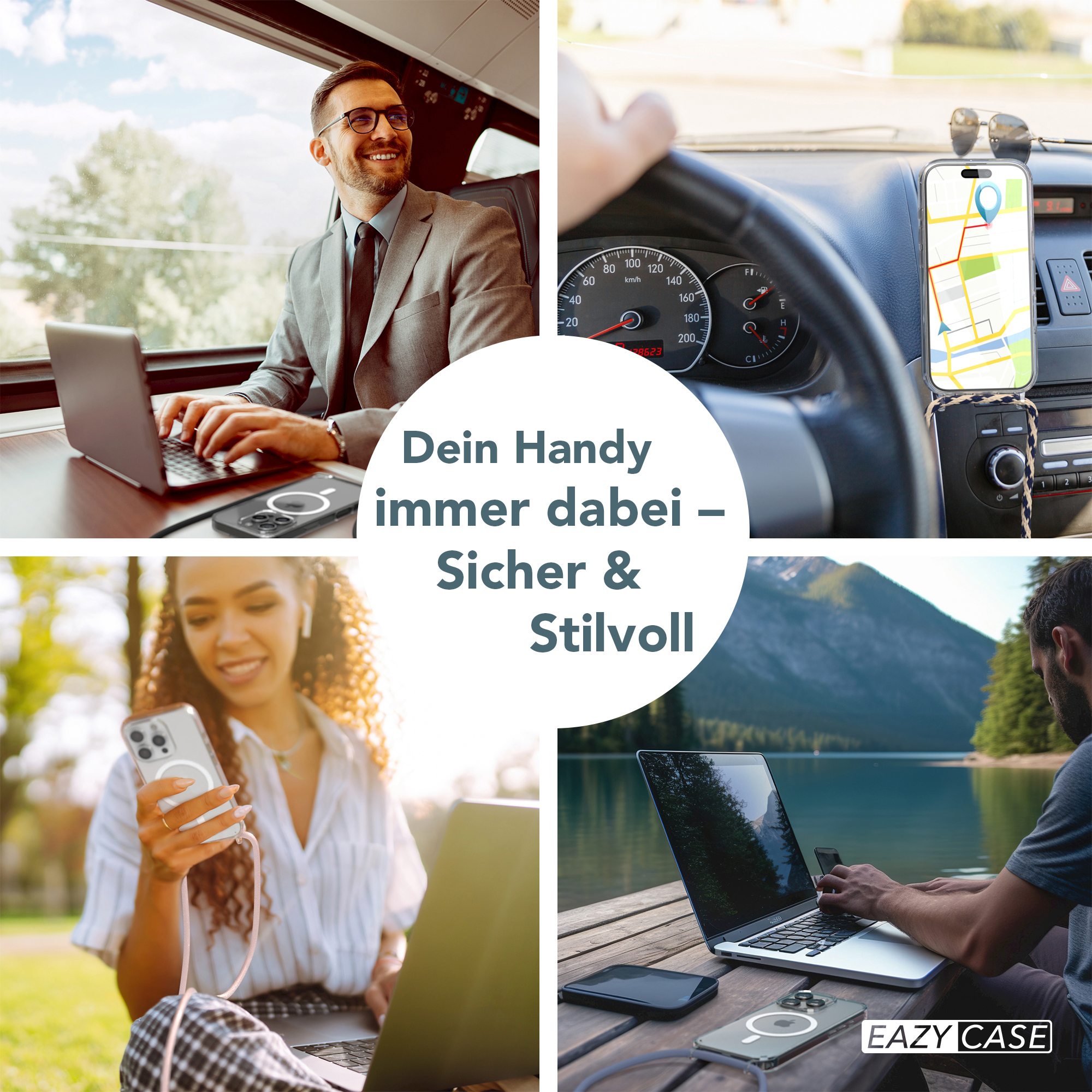 Vier Fotos, die zeigen, wie Menschen in verschiedenen Umgebungen Telefone benutzen, um Handyhüllen und Zubehör zu bewerben.